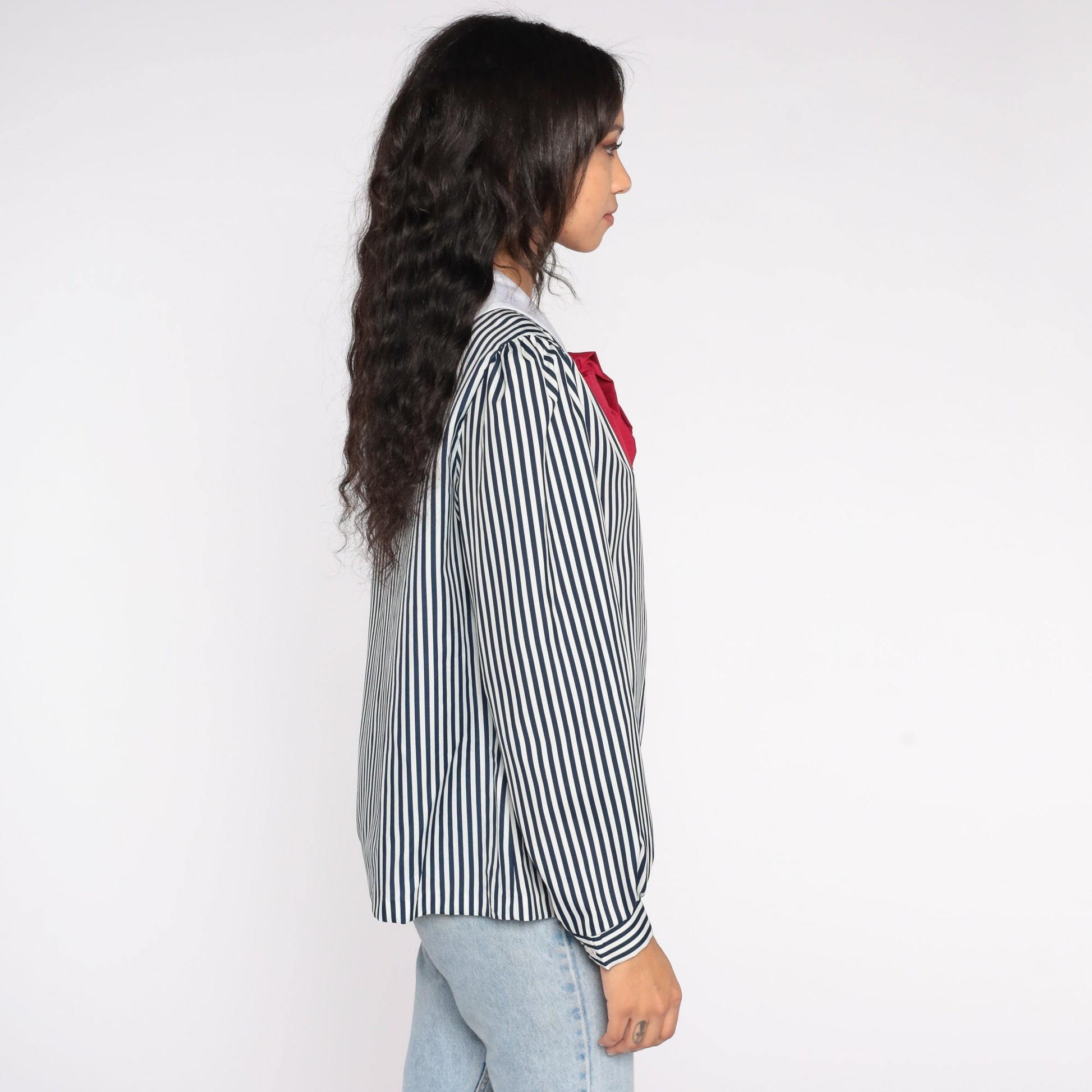 80s Striped Sailor Collar Blouse Ascot Bow Puff Sleeve Button Up Medium