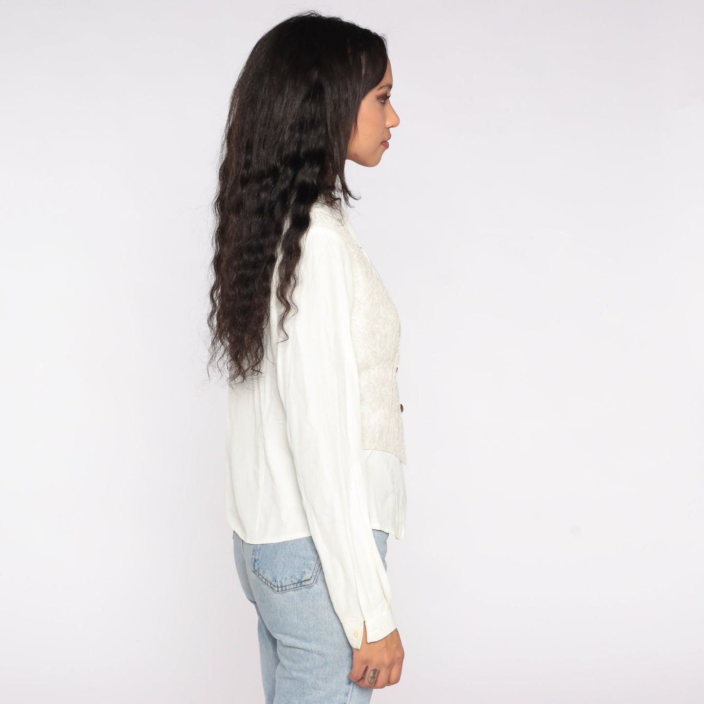90s Off-White Blouse with Attached Floral Lace Vest Long Sleeve Medium M