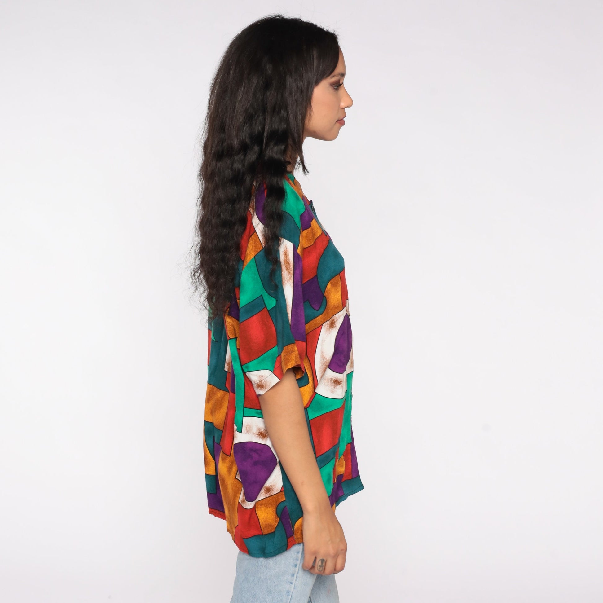 90s Geometric Print Button-Up Blouse Short Sleeve Shirt Medium M