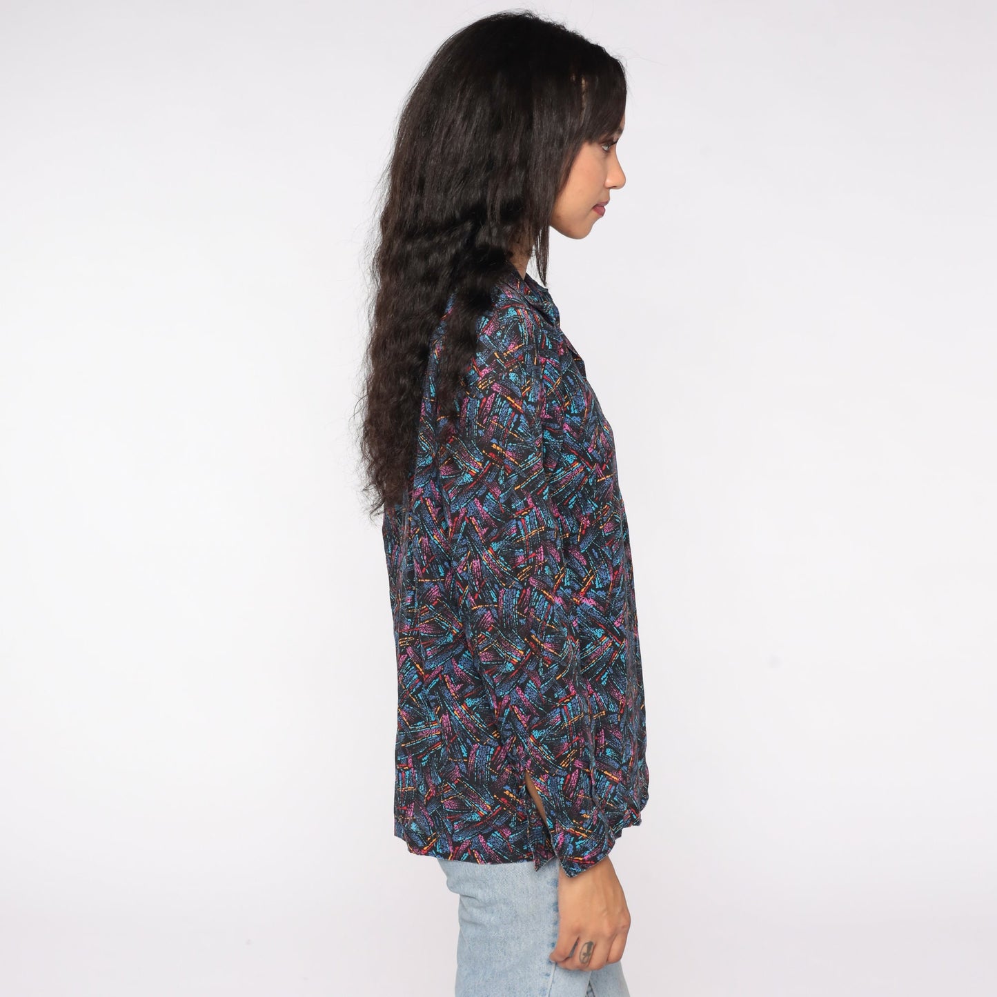 90s Abstract Brushstroke Button-Up Blouse Blue Pink Long Sleeve Medium Large