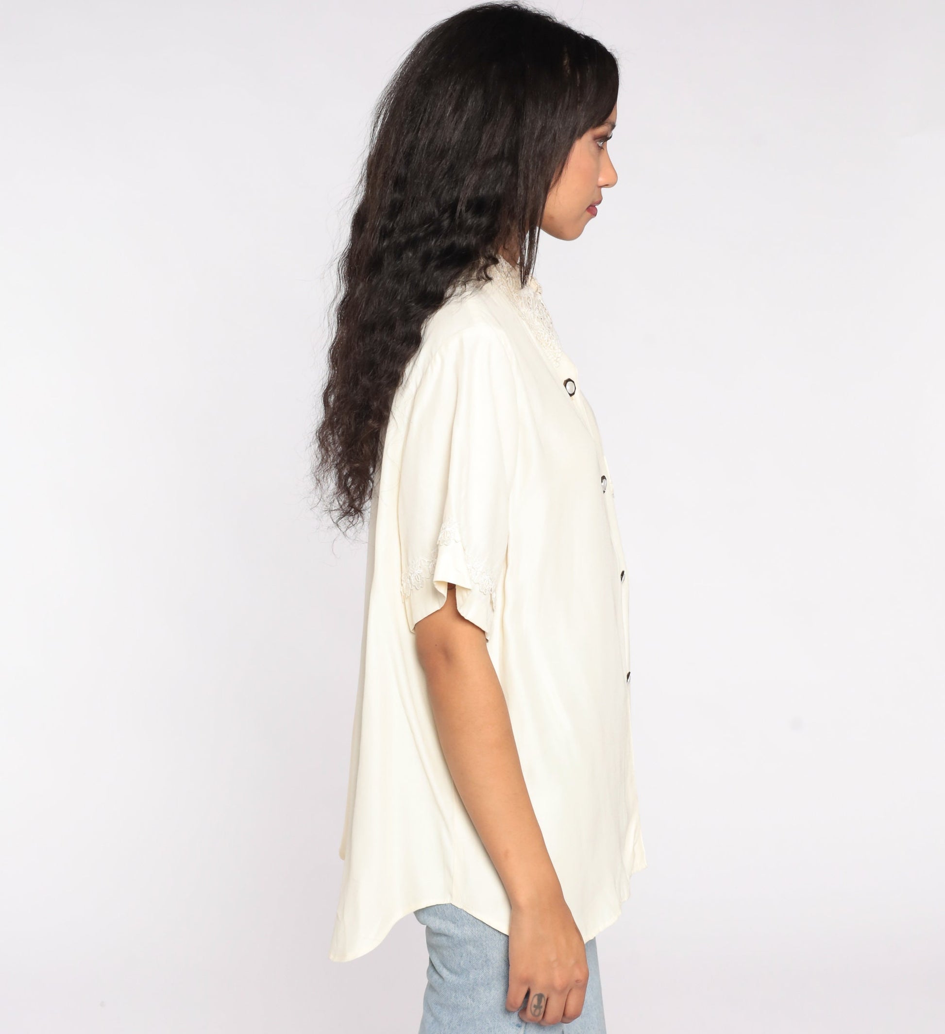 80s Cream Lace Collar Button-Up Blouse Short Sleeve Vintage Shirt XXL
