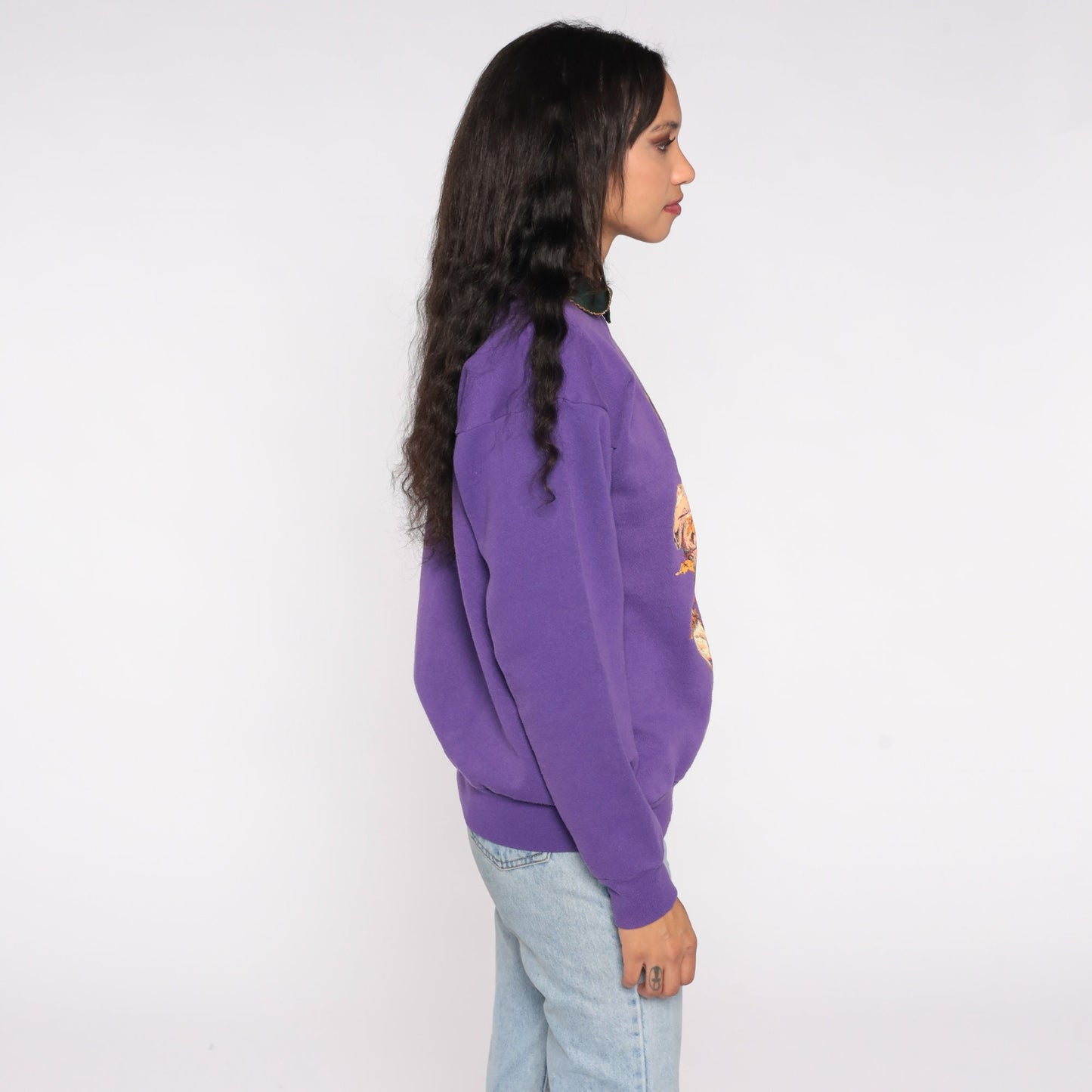 80s Cherub Fruit Oil Painting Collared Sweatshirt Purple Graphic Large L