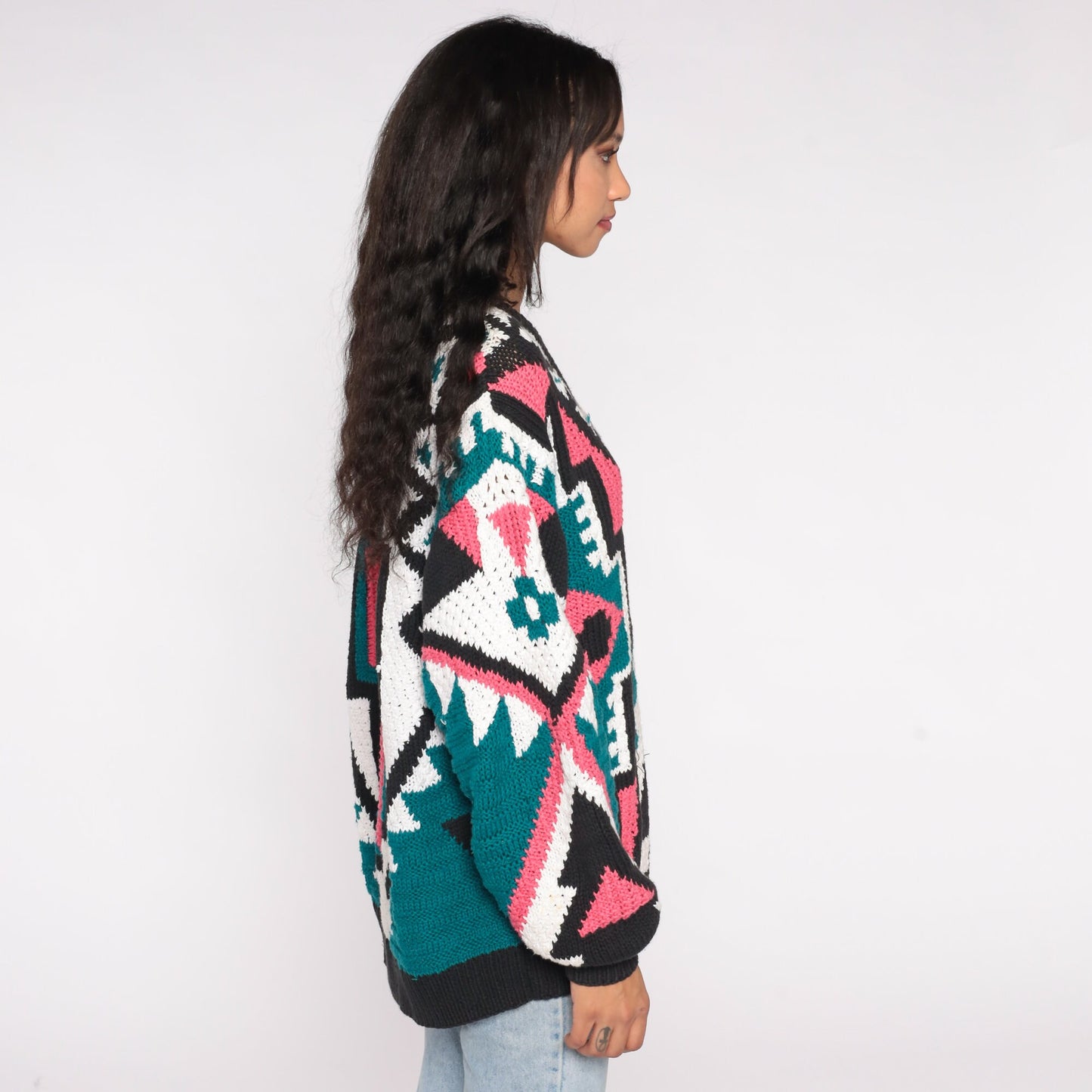 80s Geometric Knit Sweater V Neck Balloon Sleeve Pink Green Southwestern Medium