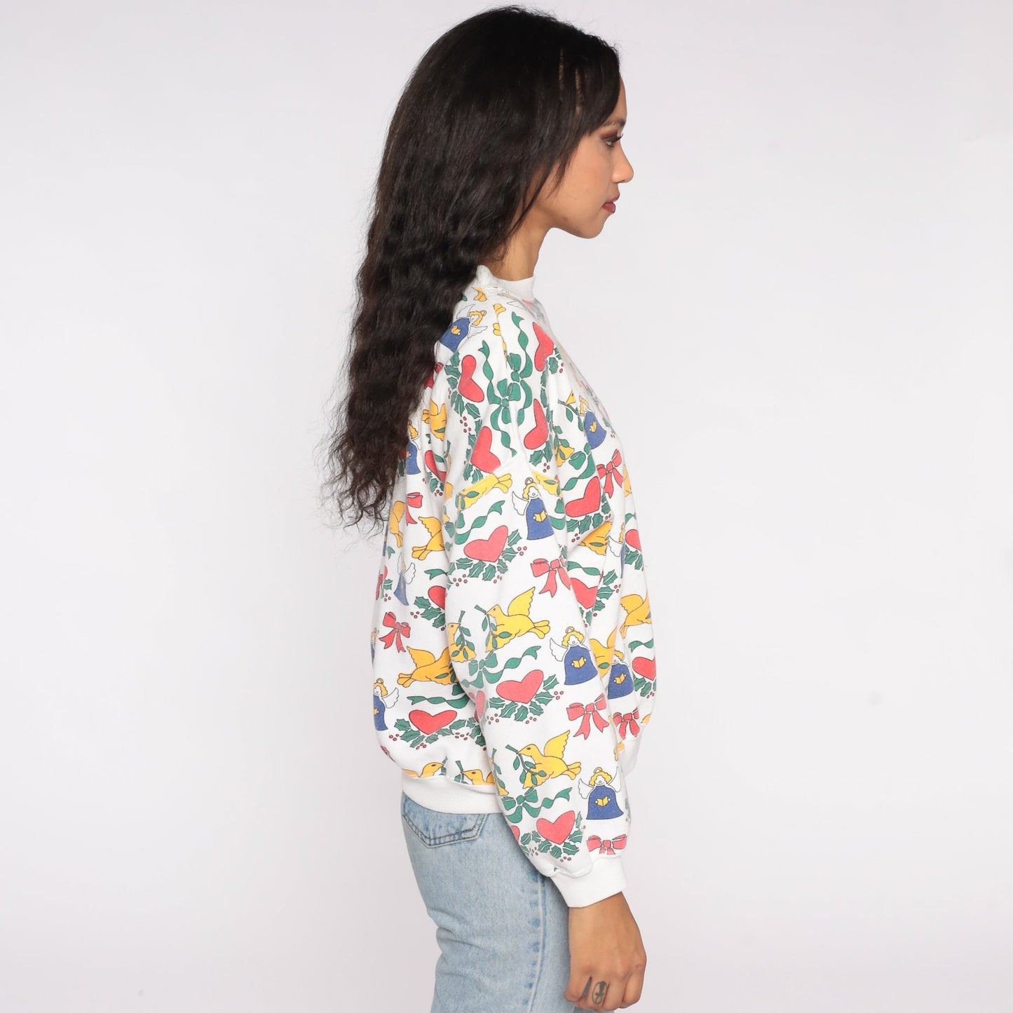 90s Christmas Angel Dove Heart Print Sweatshirt Graphic Pullover Large L