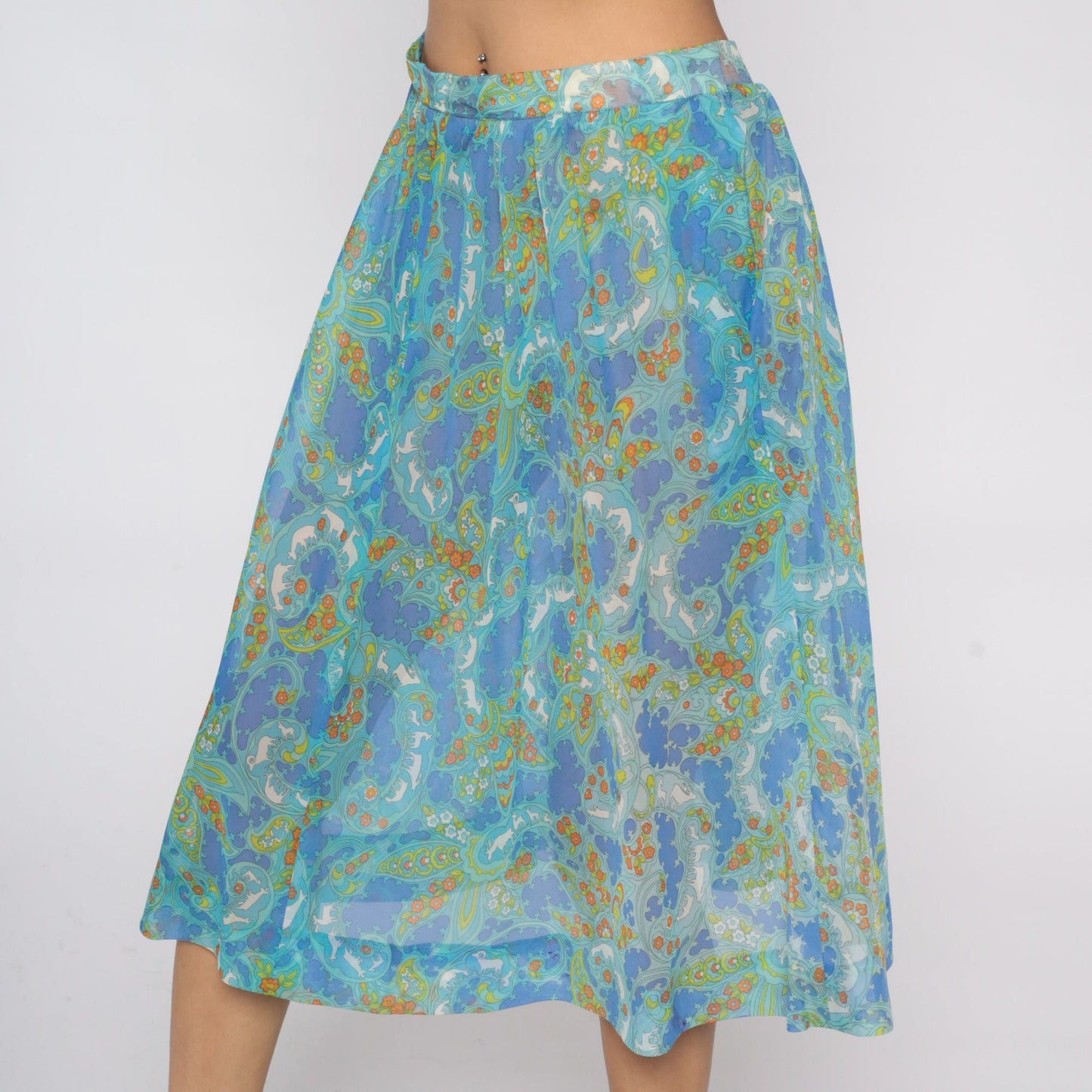 70s Psychedelic Floral Animal Print Midi Skirt Blue Extra Large XXL