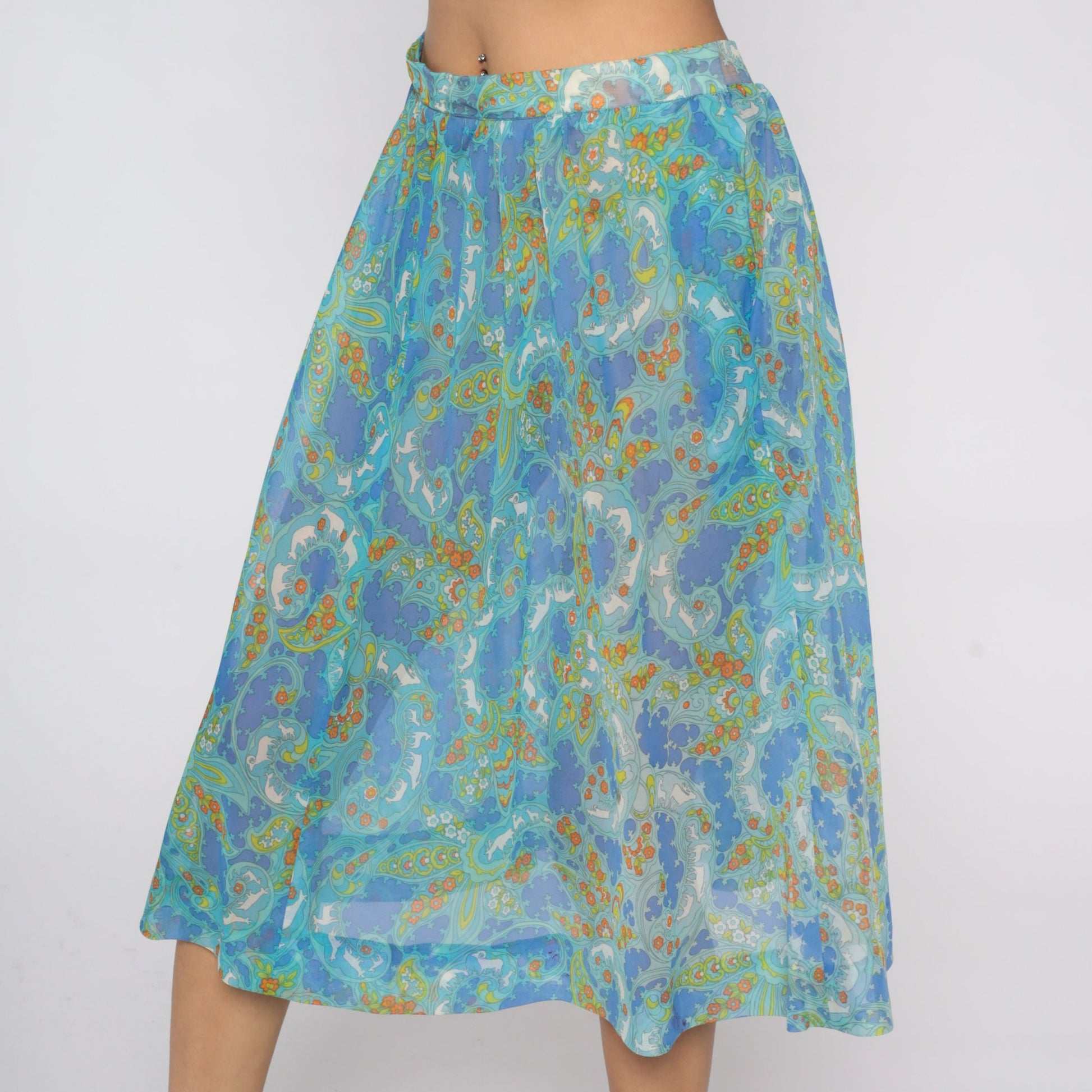 70s Psychedelic Floral Animal Print Midi Skirt Blue Extra Large XXL