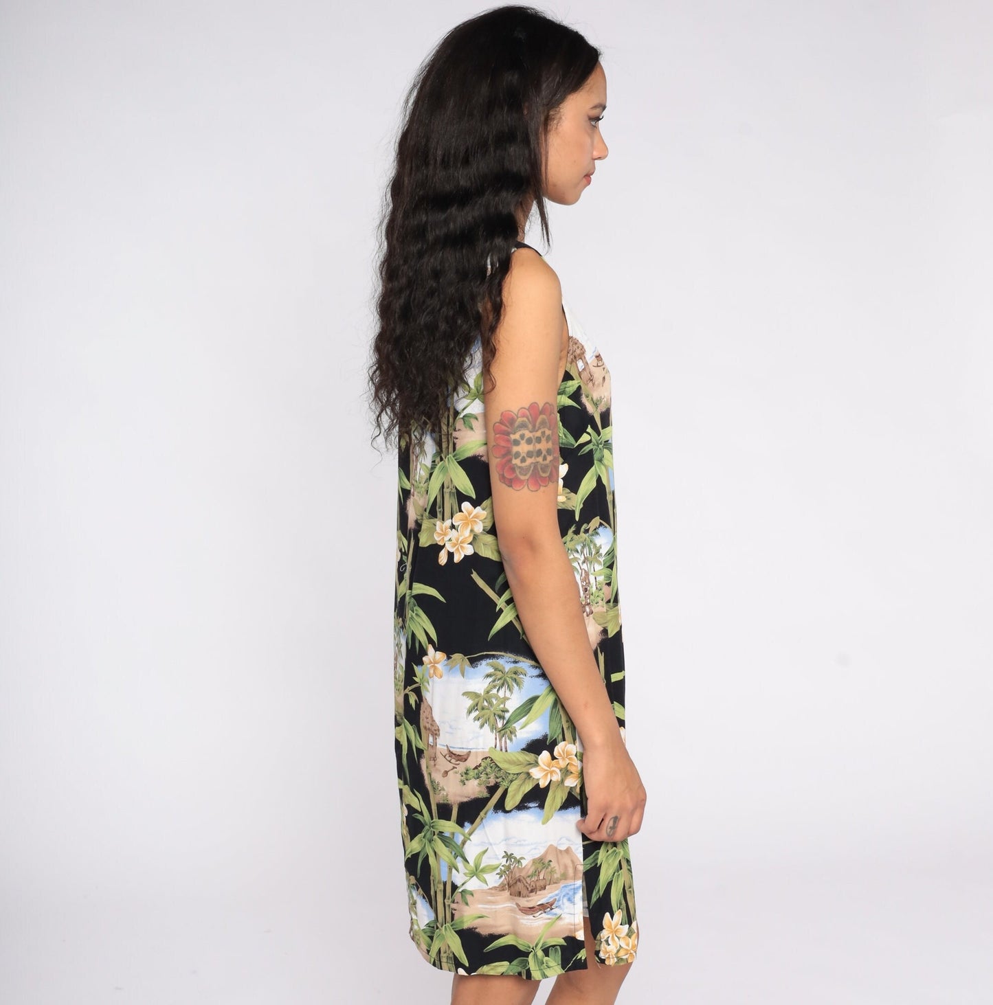 Y2K Black Hawaiian Print Mini Dress Sleeveless Shift Sundress Medium