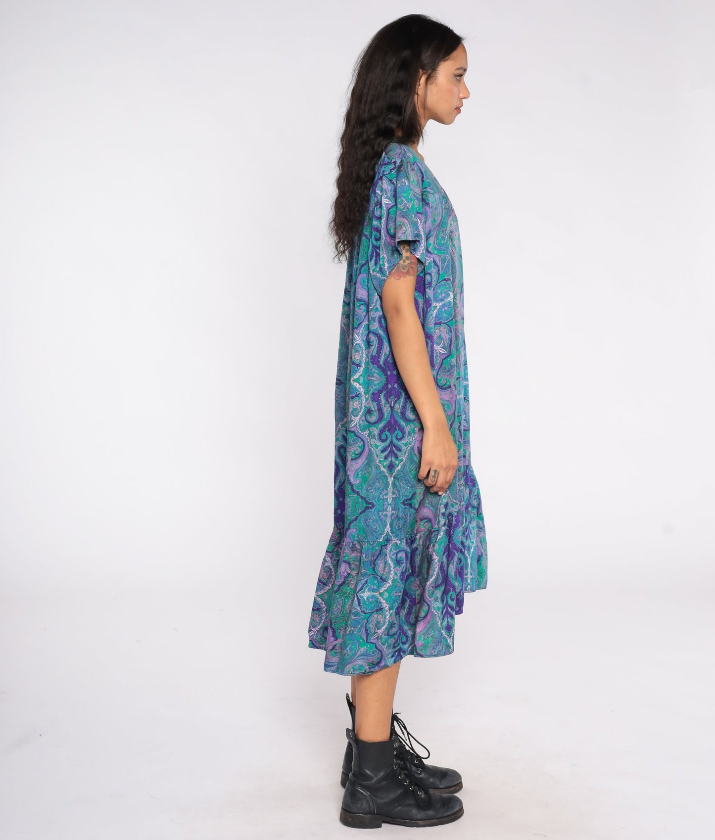 80s Psychedelic Tent Dress Midi Blue Print Short Sleeve Plus Size XXL
