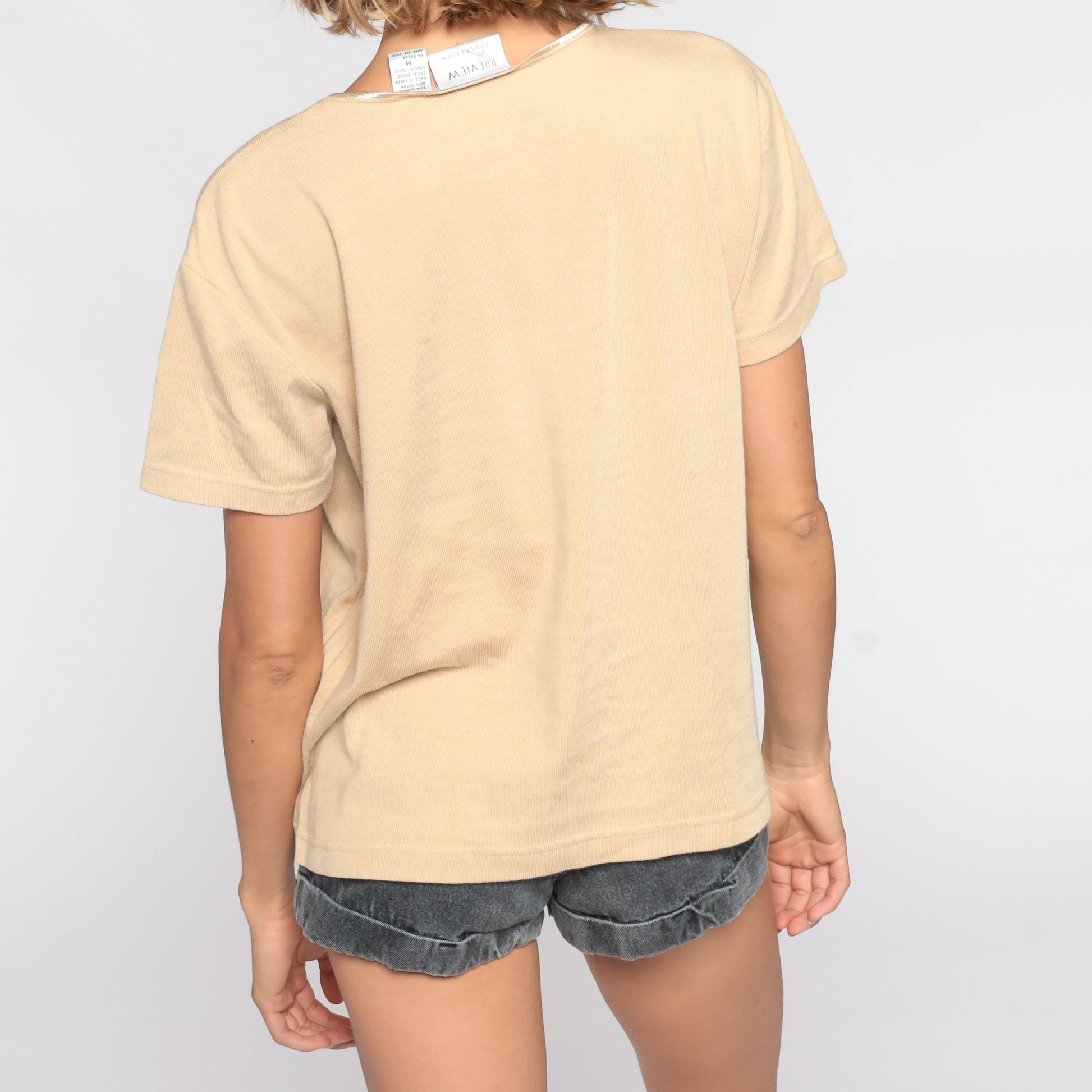 90s Tan T-Shirt Metallic Gold Trim Rib Knit Short Sleeve Medium