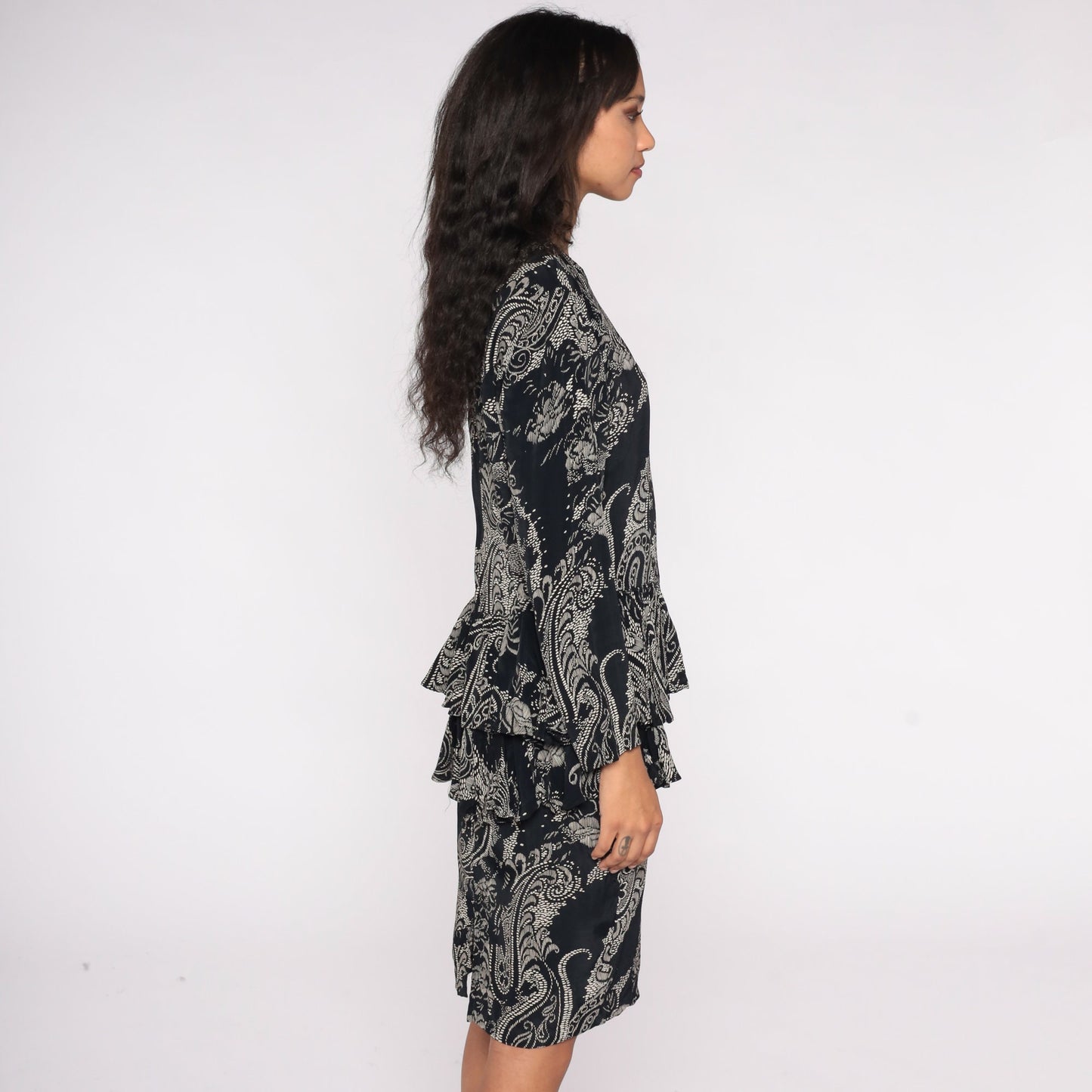 80s Black White Floral Paisley Peplum Dress Long Sleeve Knee Length Medium M