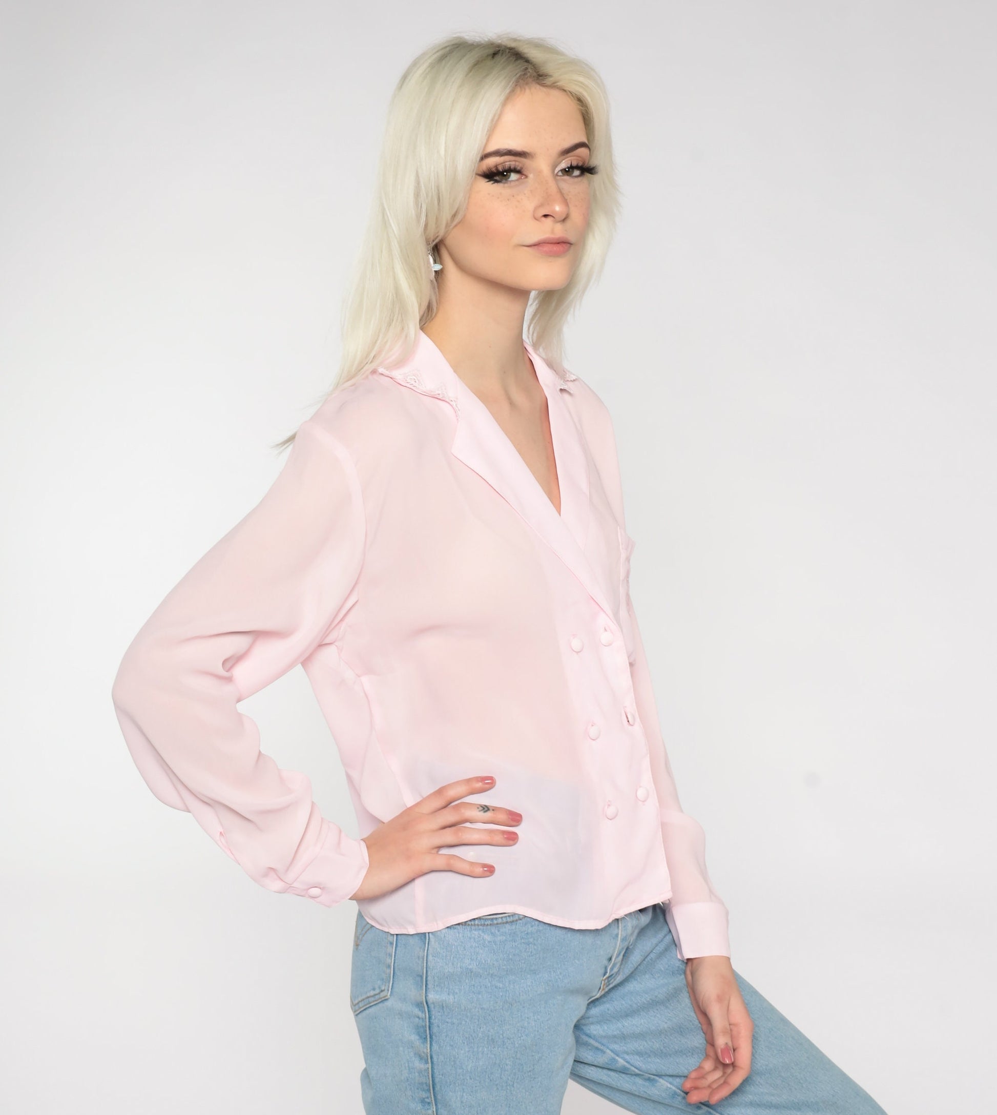 80s Baby Pink Semi-Sheer Button-Up Blouse Double Breasted Lace Trim Medium M
