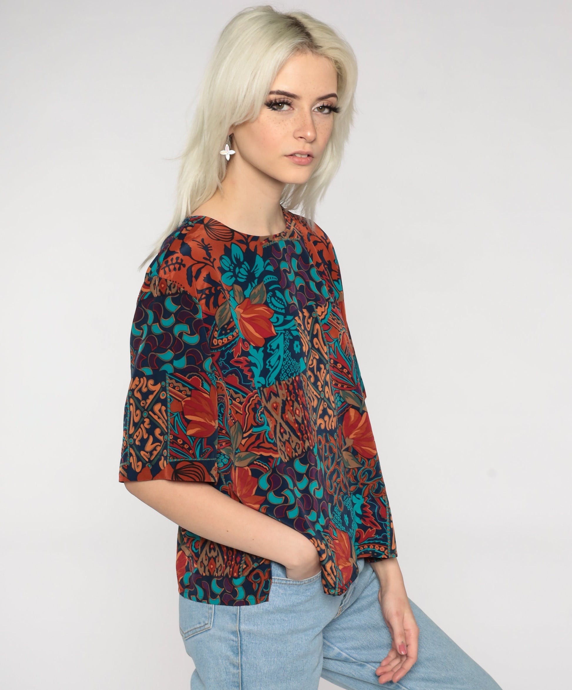 90s Geometric Color Block Blouse Short Sleeve Keyhole Back Multicolor Large L