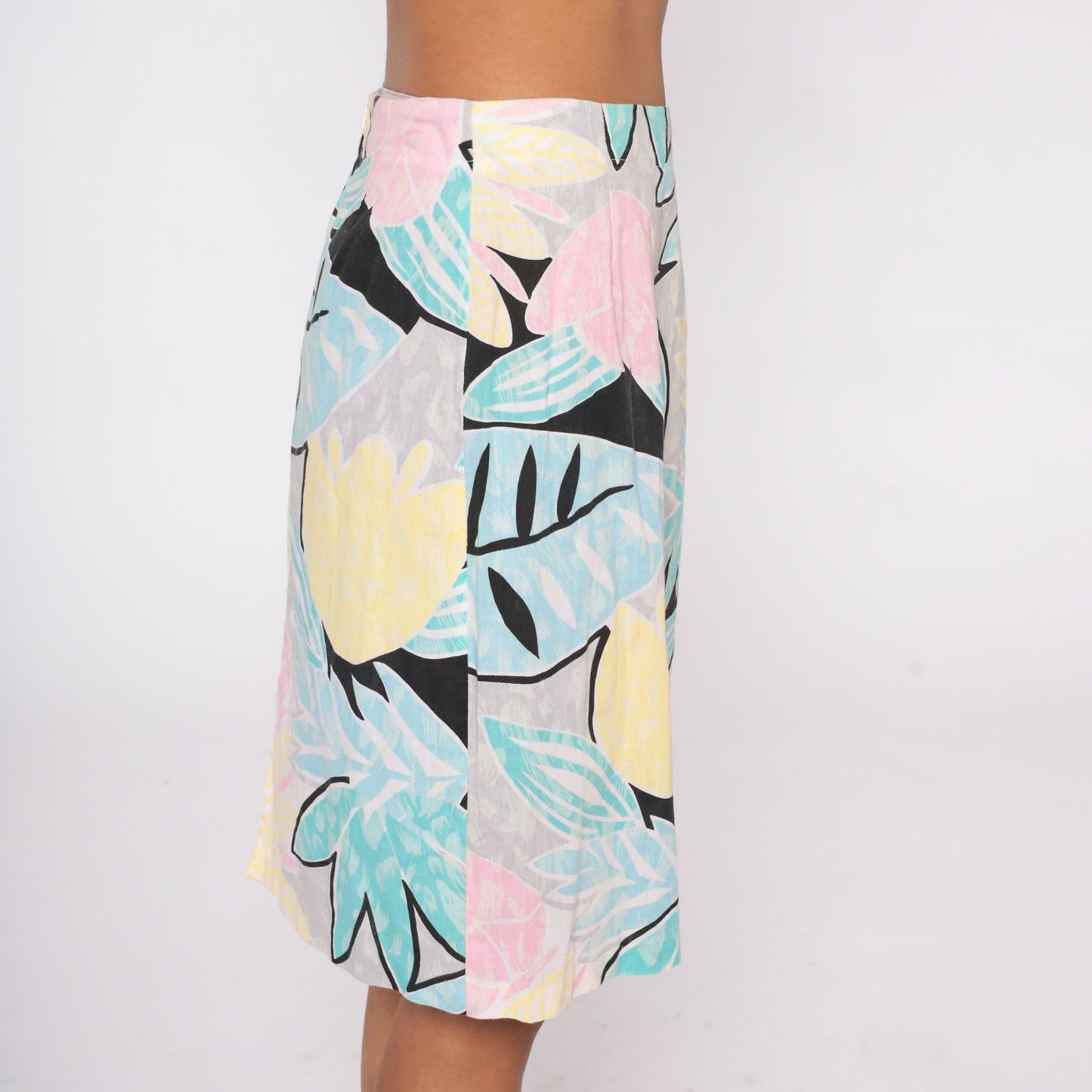 80s Tropical Leaf Midi Skirt Pastel Palm Print High Waist Medium