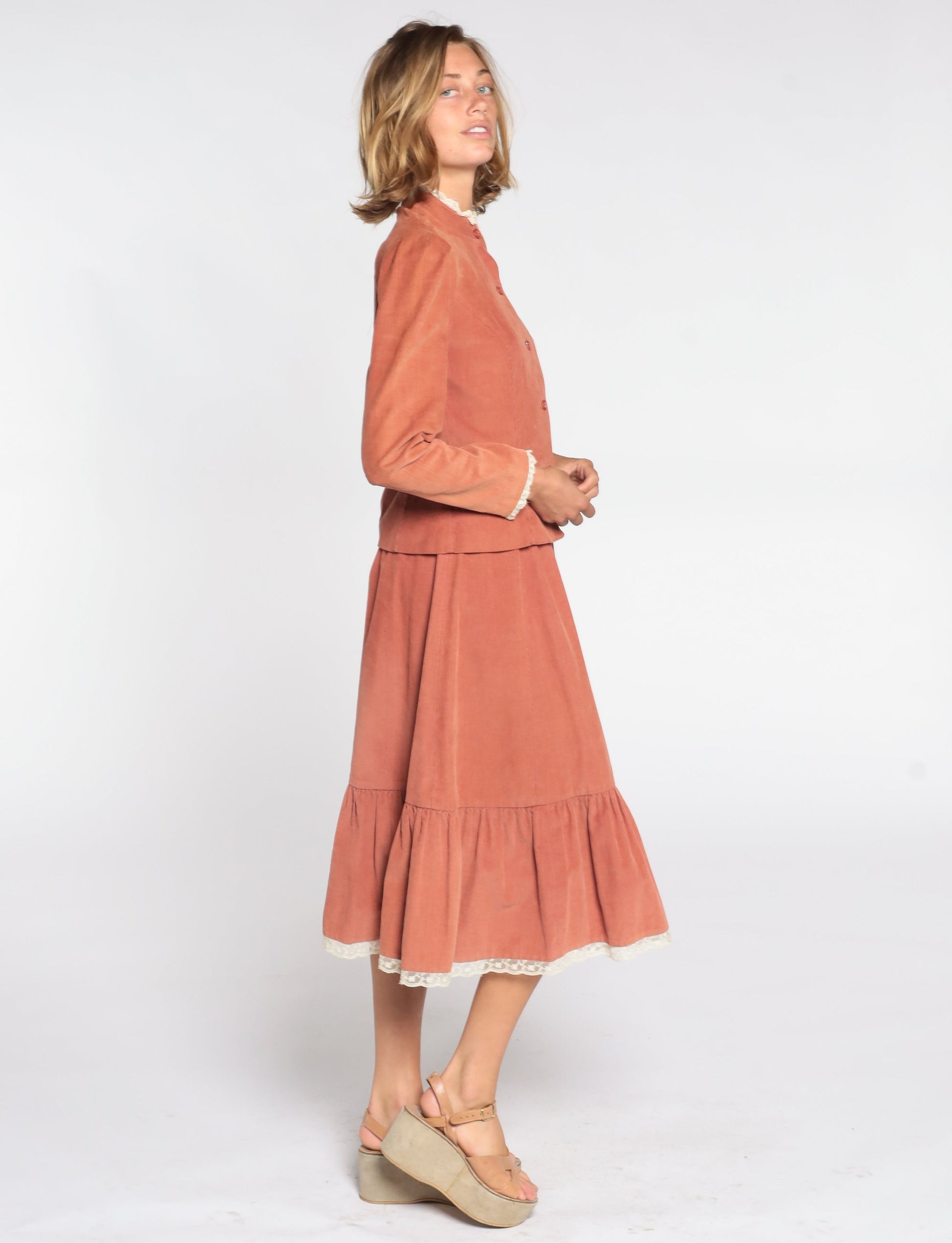 80s Corduroy Two Piece Set Brown Midi Skirt Puff Sleeve Blouse Small