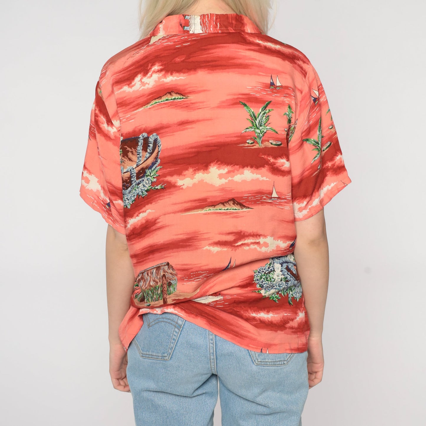 90s Ocean Pacific Hawaiian Shirt Red Tropical Print Button Up Medium