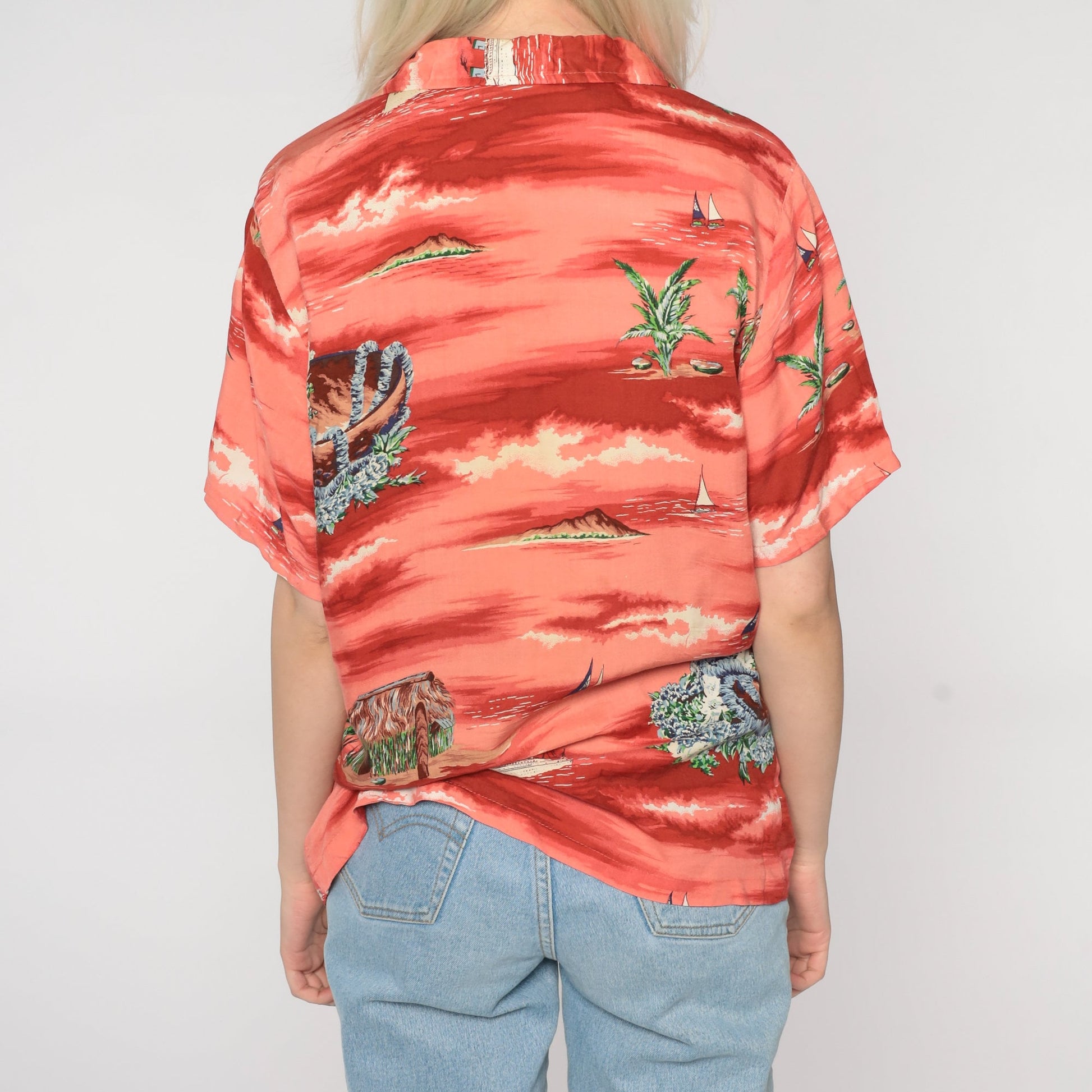 90s Ocean Pacific Hawaiian Shirt Red Tropical Print Button Up Medium