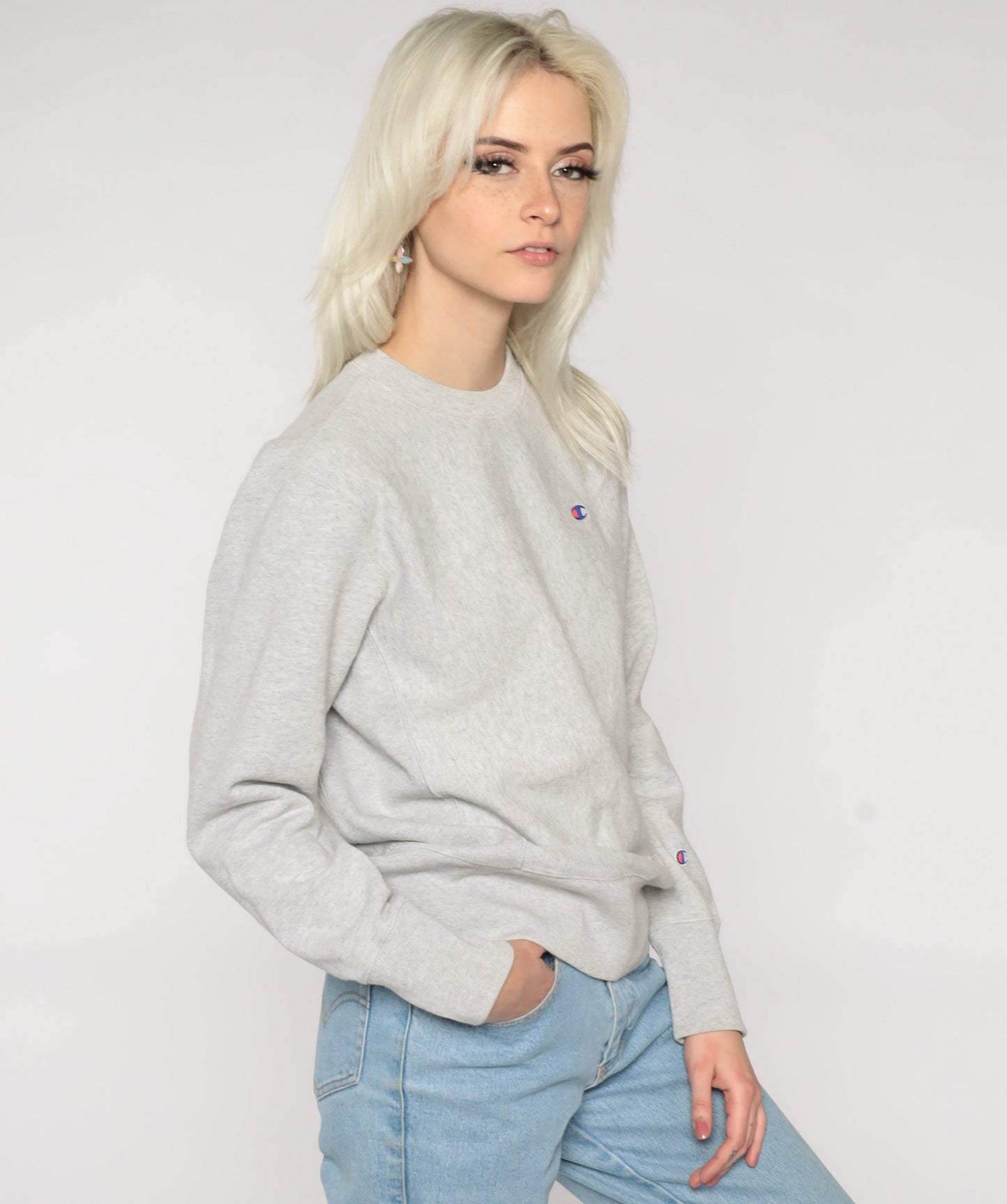 Y2K Champion Grey Crewneck Sweatshirt Plain Pullover Medium
