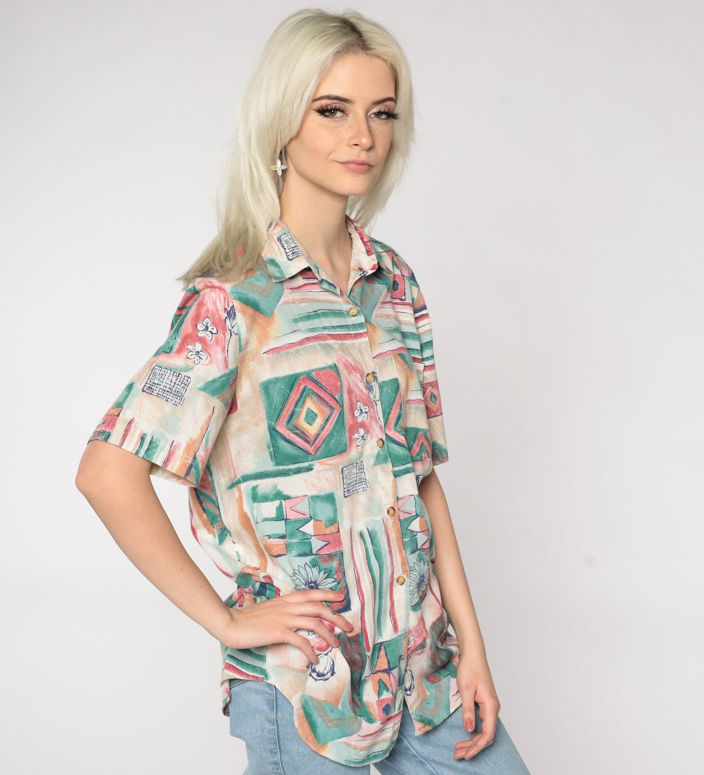 90s Geometric Floral Button-Up Blouse Red Green Abstract Print Medium