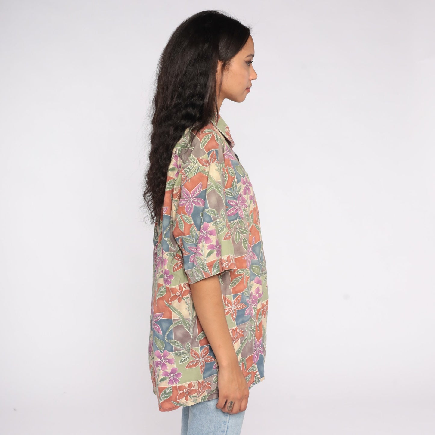 90s Pierre Cardin Floral Button Up Shirt Green Purple Cotton Extra Large Tall