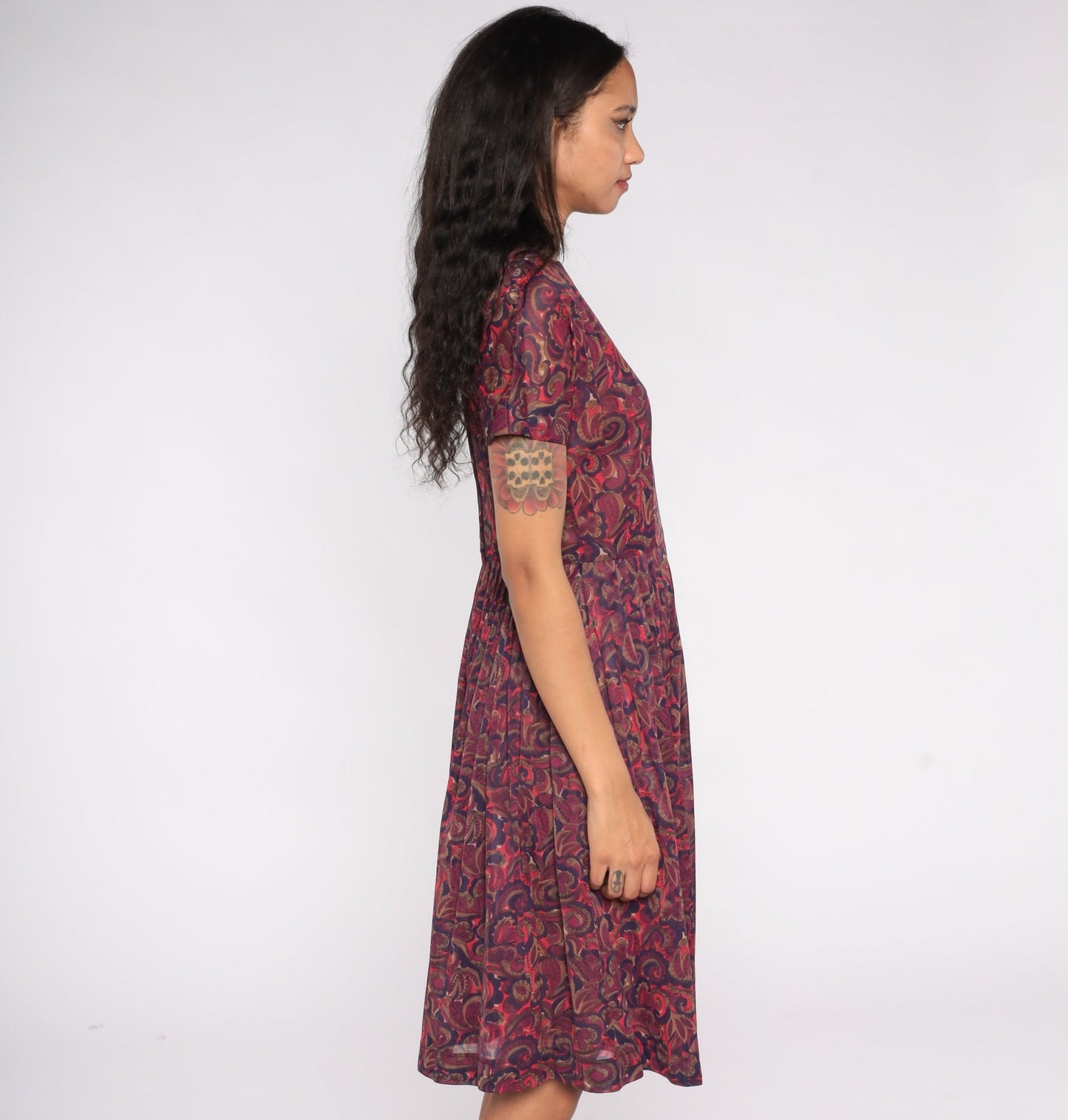 1960s Purple Paisley Midi Dress Full Skirt High Waist Short Sleeve Small