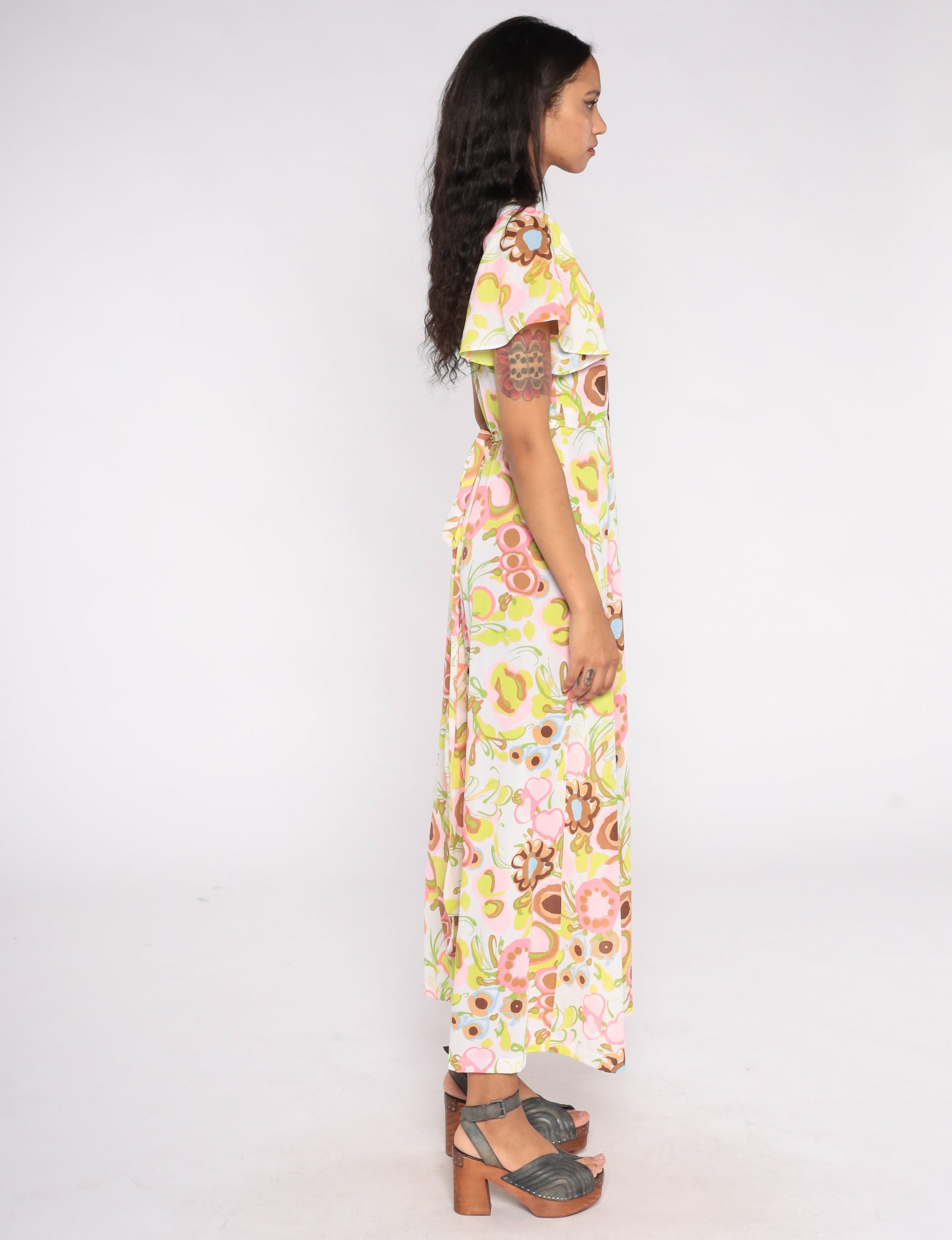 70s Floral Wrap Maxi Dress White Abstract Print High Waist Flutter Sleeve Small