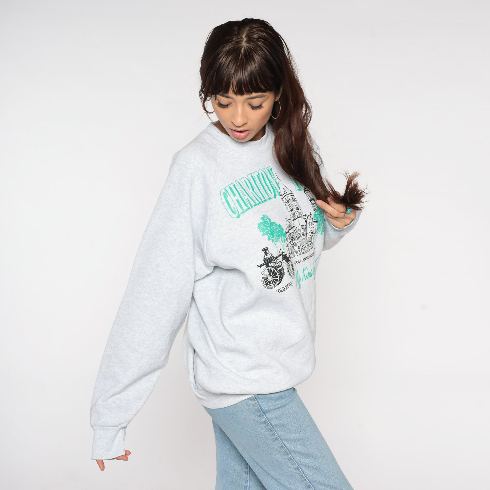 90s Chariton Iowa Courthouse Raglan Sweatshirt Grey Graphic Extra Large XXL