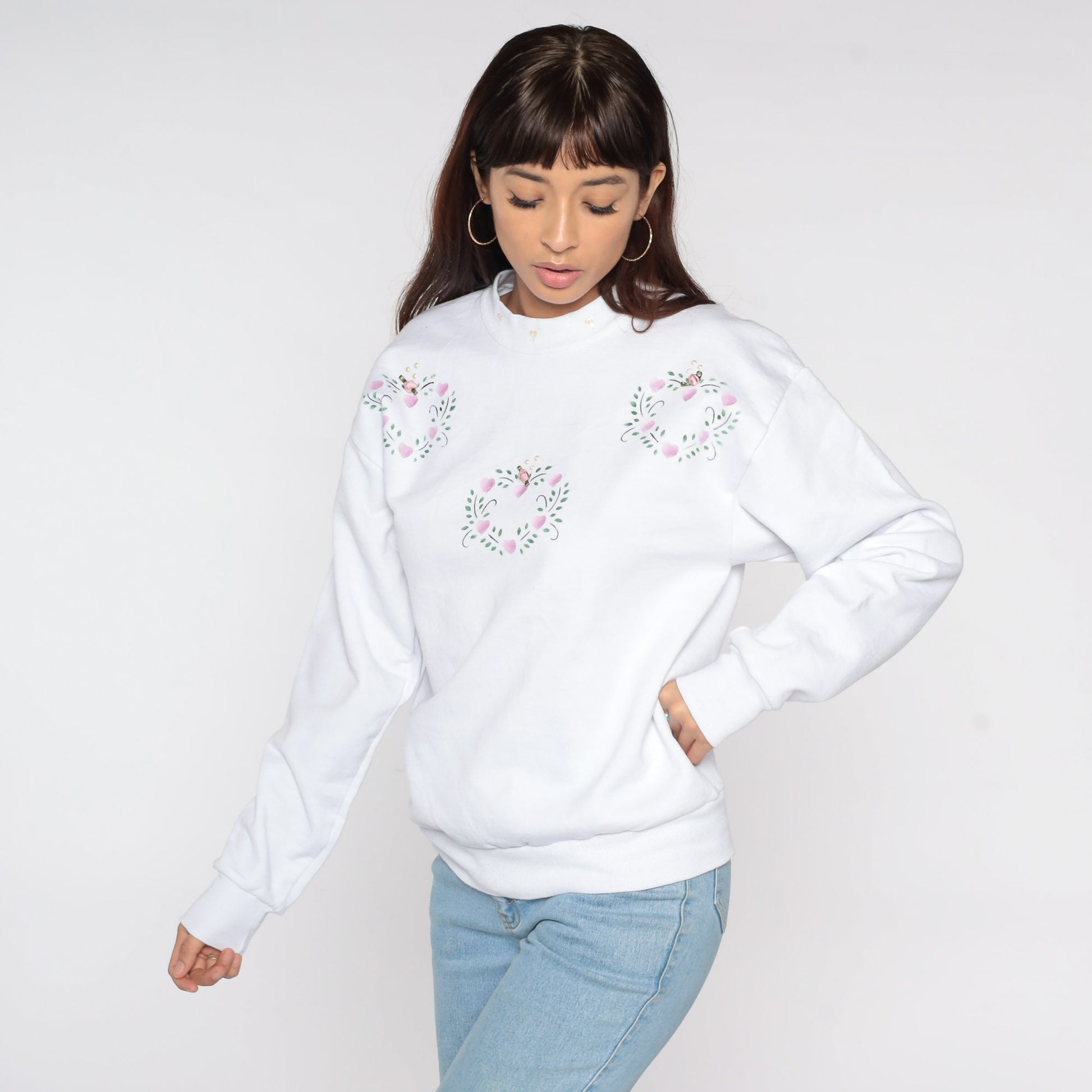 80s Jerzees White Heart Rosette Embellished Sweatshirt Crewneck Medium M