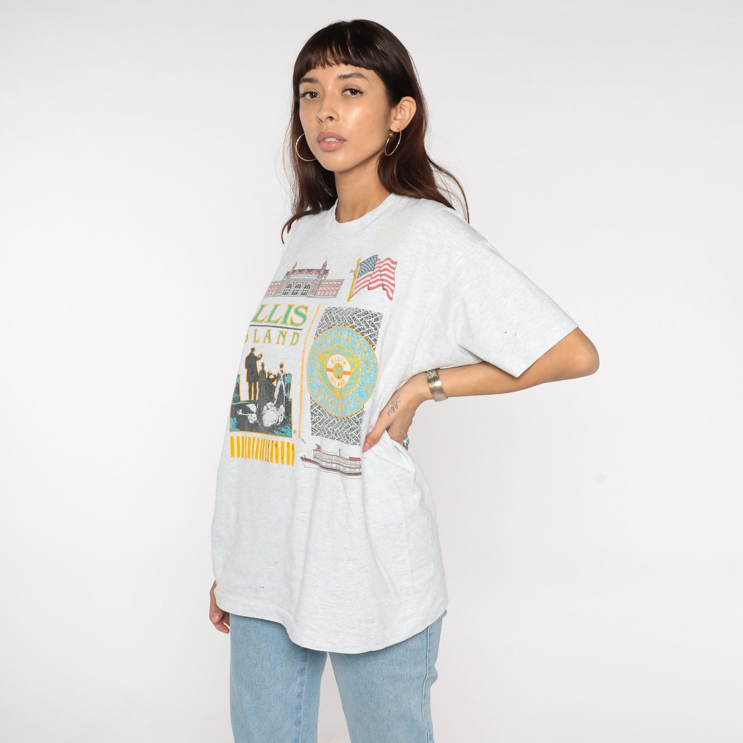 90s Ellis Island New York Graphic T-Shirt Light Heather Grey Extra Large XL