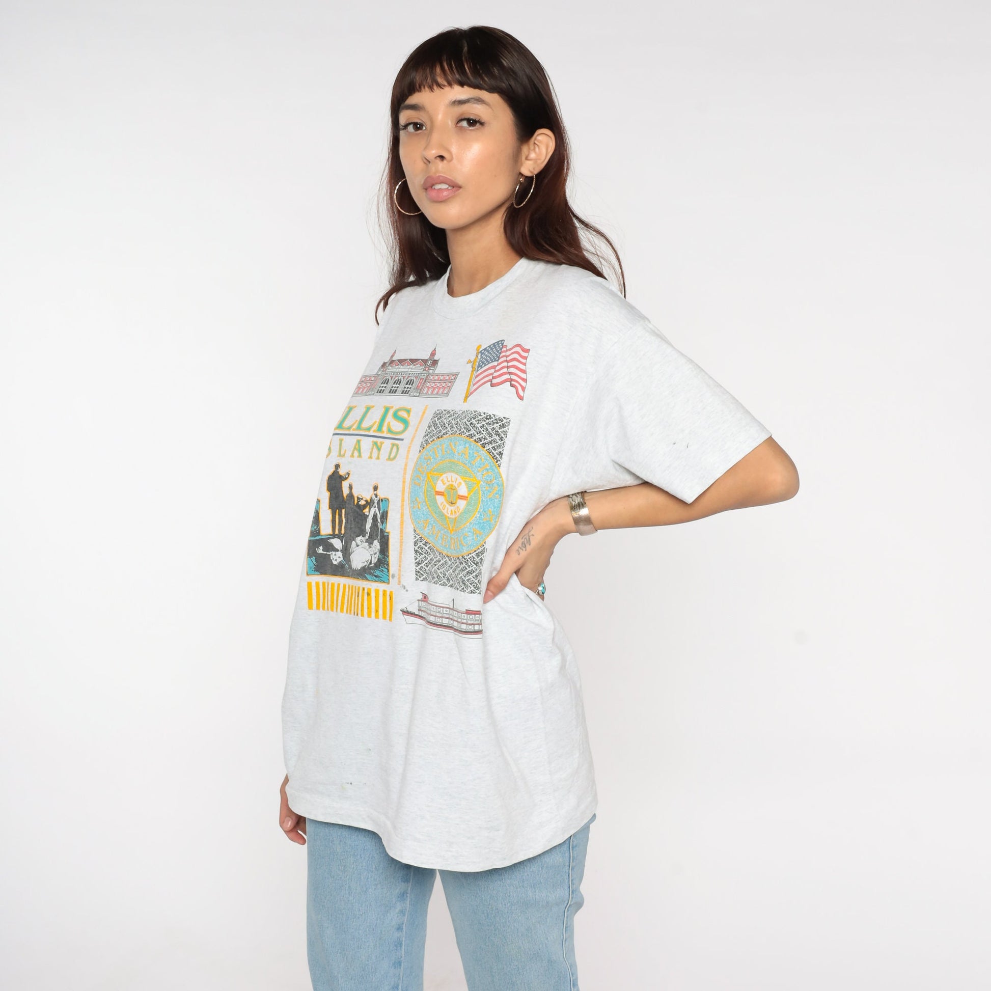 90s Ellis Island New York Graphic T-Shirt Light Heather Grey Extra Large XL