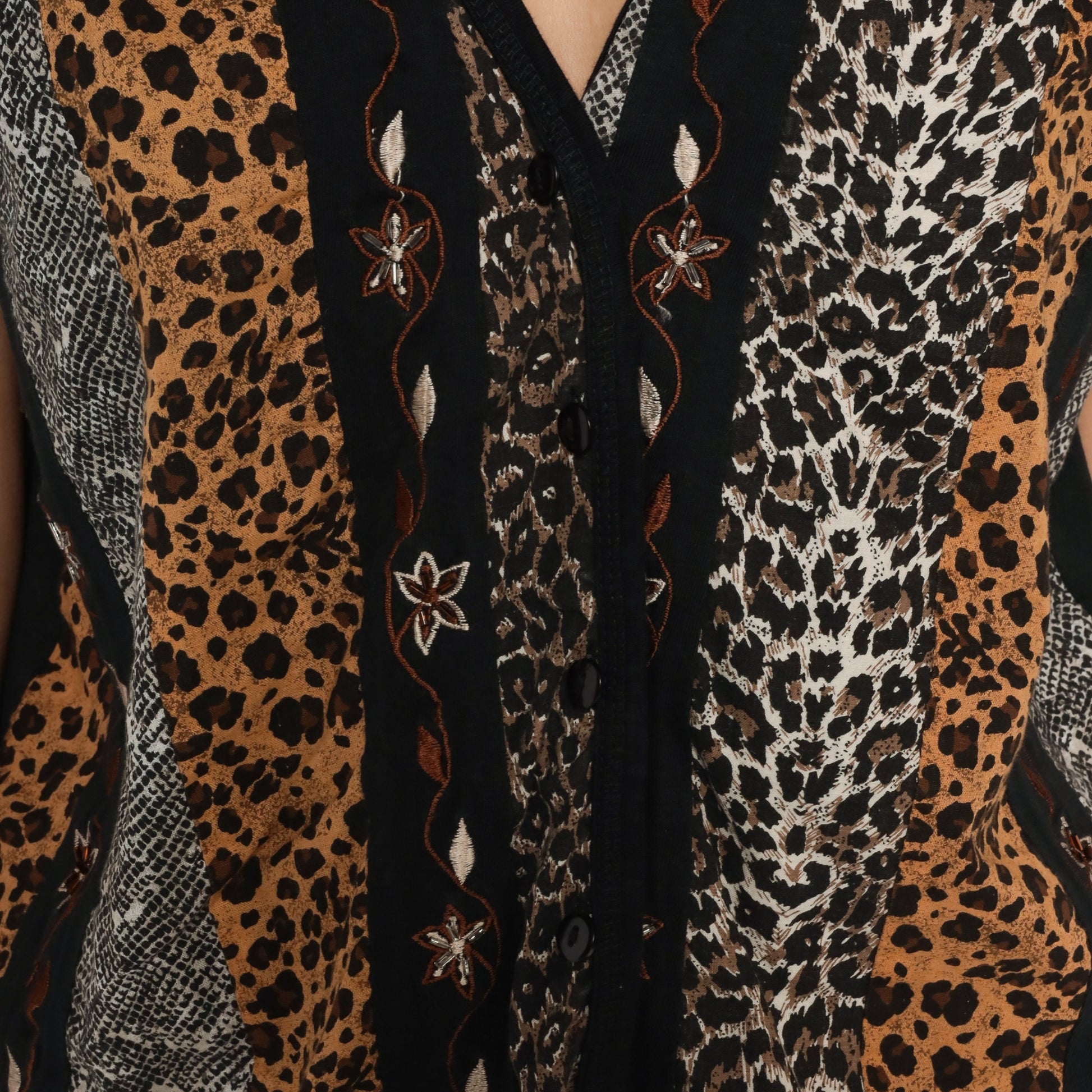 80s Animal Print Vest Top Floral Embroidered Sleeveless Blouse Large