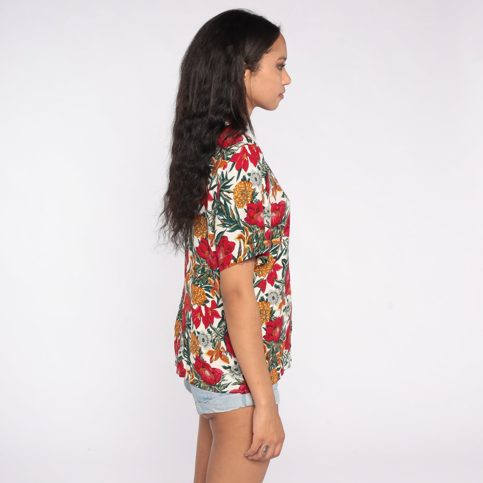 90s Floral Print Rayon Shirt Short Sleeve Blouse Small S