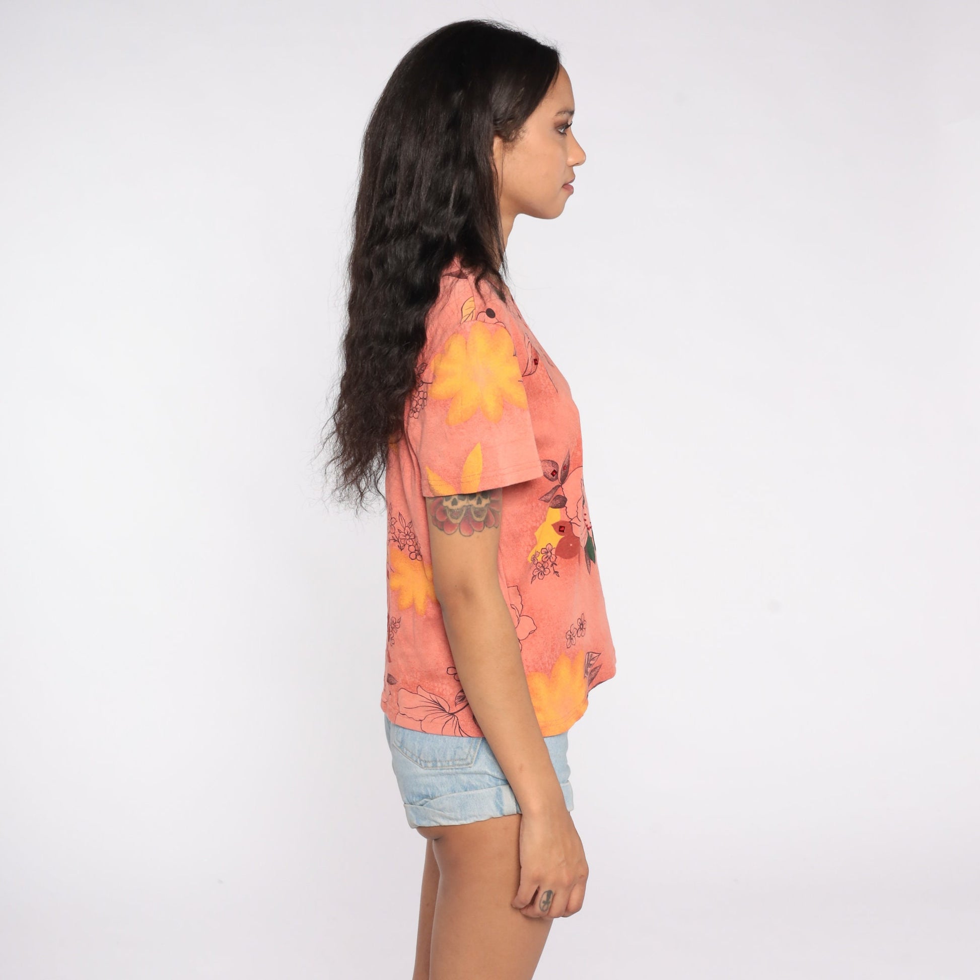 90s Floral V-Neck T-Shirt Coral Pink Flower Print Tee Large L