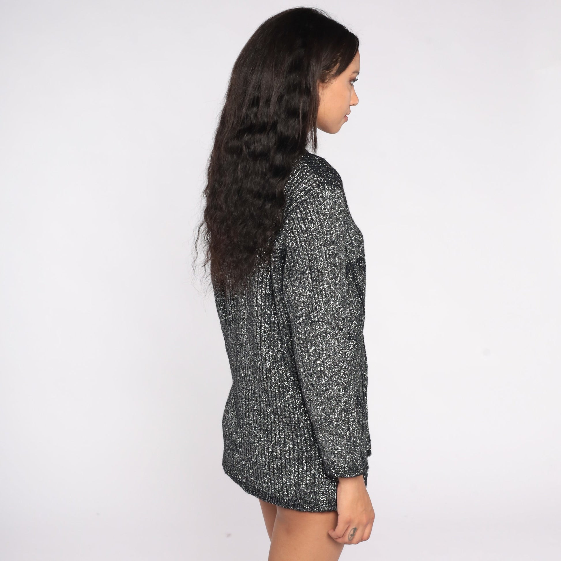 90s Metallic Black Sparkly Knit Top V Neck Long Sleeve Large