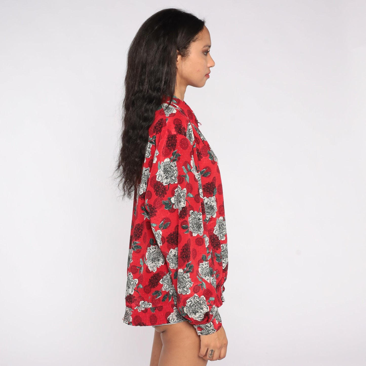 80s Red Floral Geometric Print Blouse Quarter Button Long Sleeve XXL