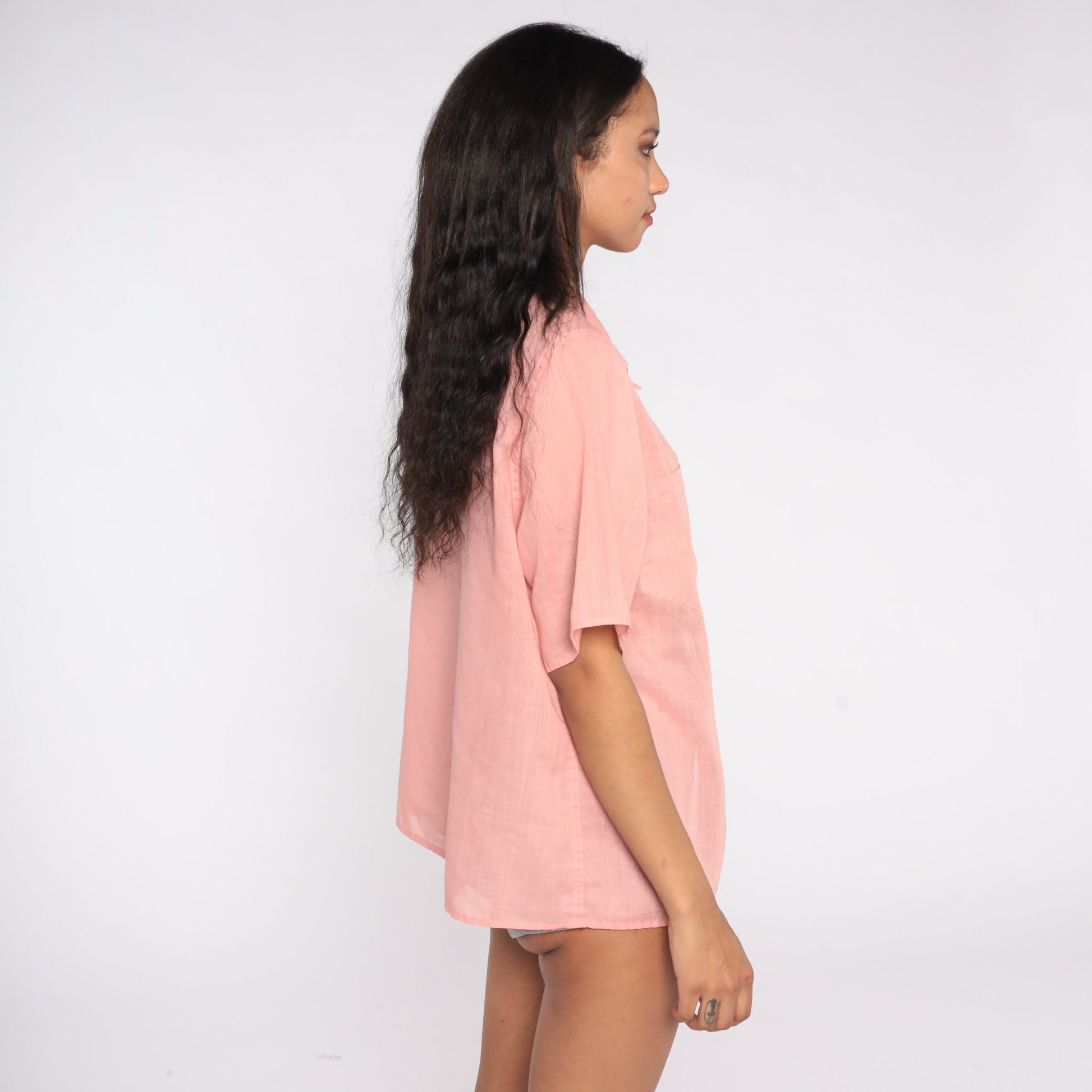 80s Pink Semi-Sheer Button-Up Blouse Short Sleeve Cotton Blend Extra Large
