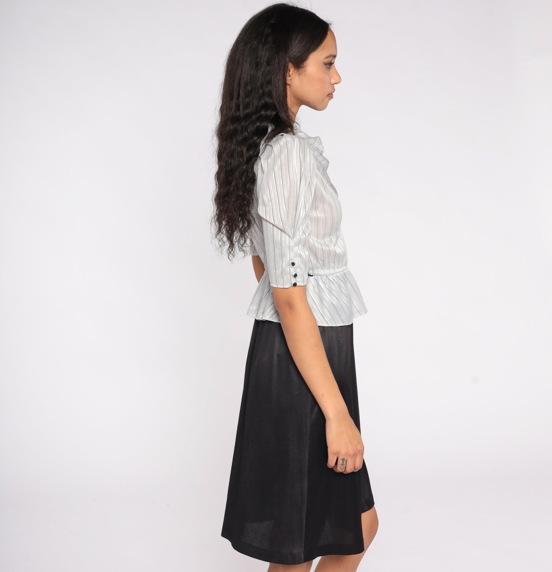 80s Peplum Dress Puff Sleeve Cowl Neck Silver Grey Midi Small