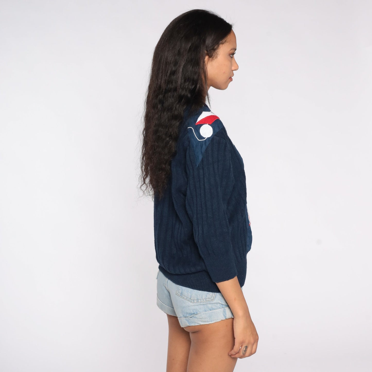 80s Navy Embroidered Abstract Geometric Sweater V-Neck Knit Pullover Medium