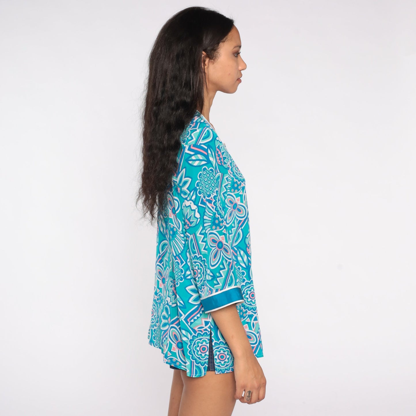 Bob Mackie Silk Floral Blouse 90s Blue Flower Print Button Up 3/4 Sleeve Medium M