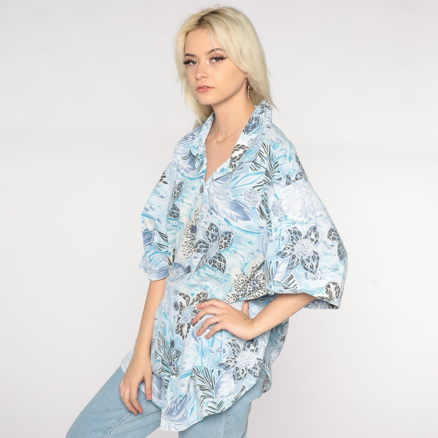 90s Blue Tropical Floral Hawaiian Button-Up Shirt Plus Size XXL