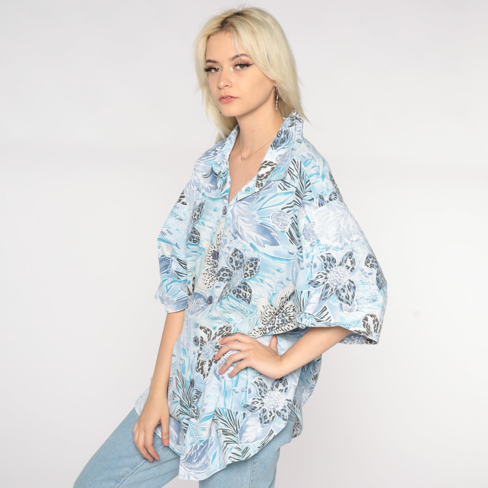 90s Blue Tropical Floral Hawaiian Button-Up Shirt Plus Size XXL