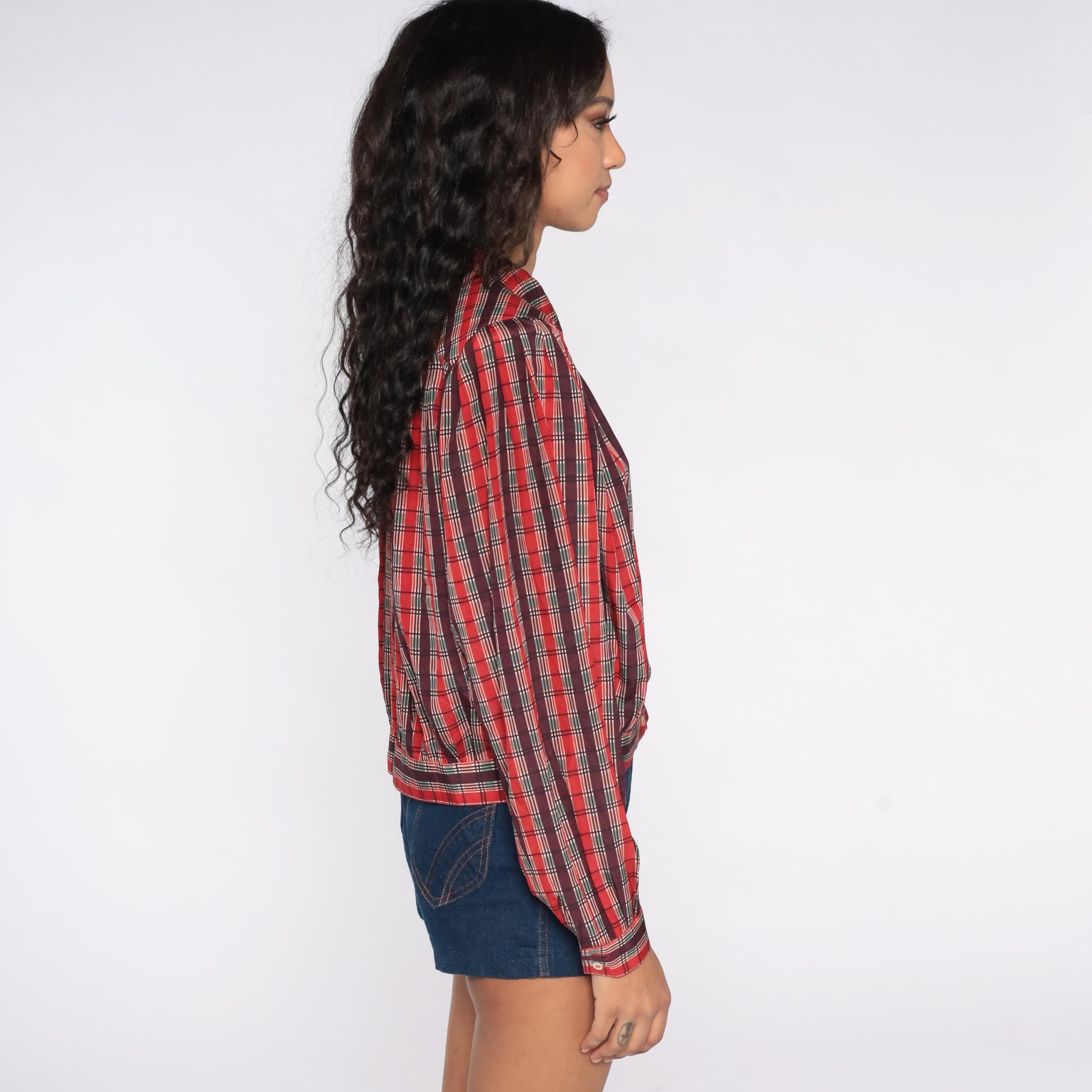 80s Liz Claiborne Plaid Blouse Puff Sleeve Button-Up Red Green Large