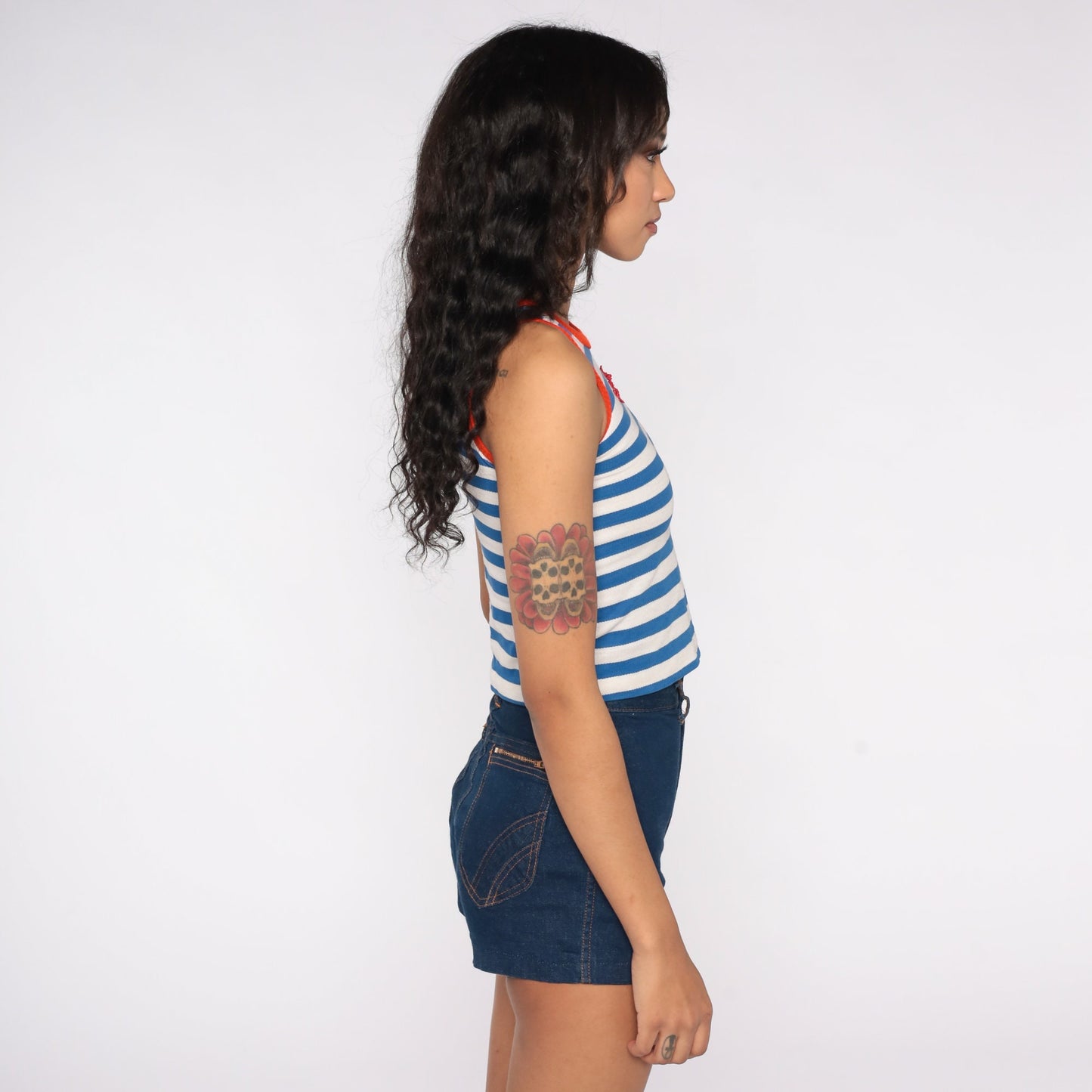 70s Starfish Tank Top White Blue Striped Ringer Tee XXS