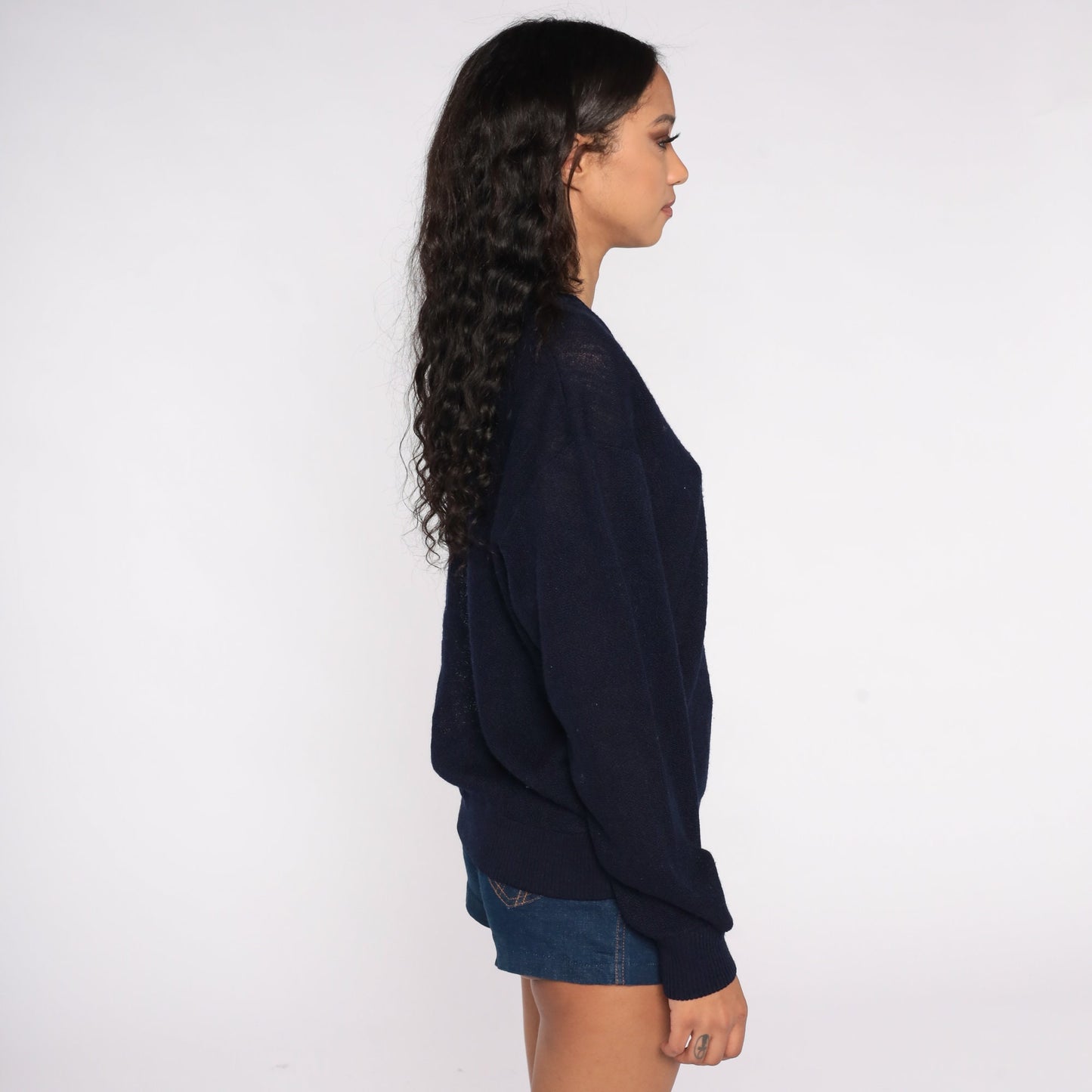 80s Navy Crocodile V-Neck Knit Sweater Slouchy Large L