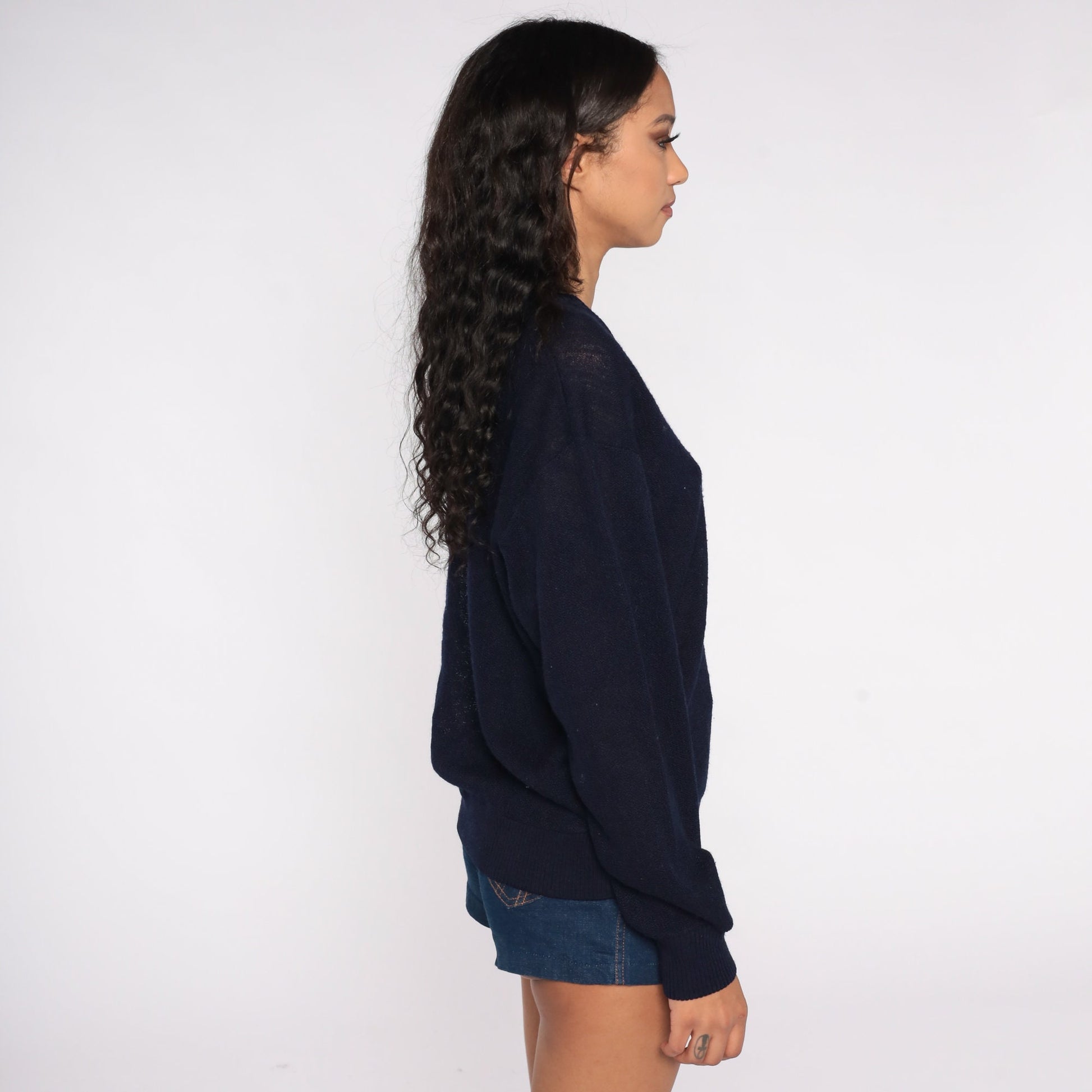 80s Navy Crocodile V-Neck Knit Sweater Slouchy Large L