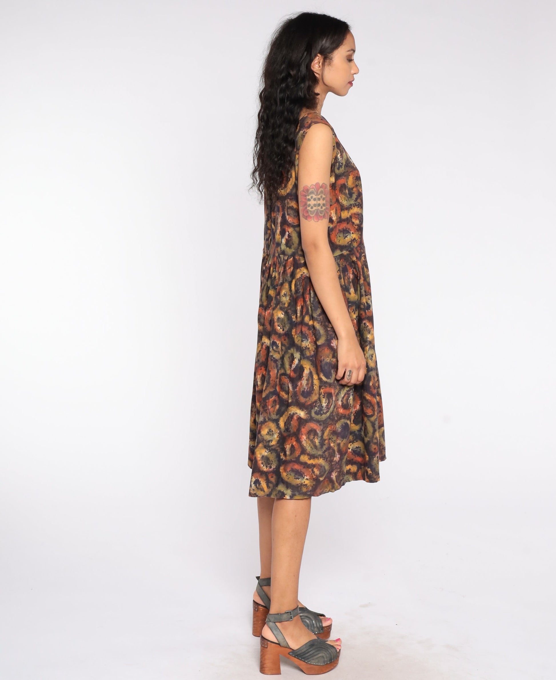 1960s Paisley Midi Dress Sleeveless High Waist Full Skirt Large