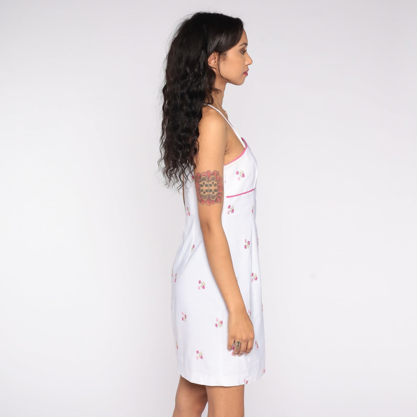 00s White Floral Embroidered Mini Dress Spaghetti Strap Shift Medium M
