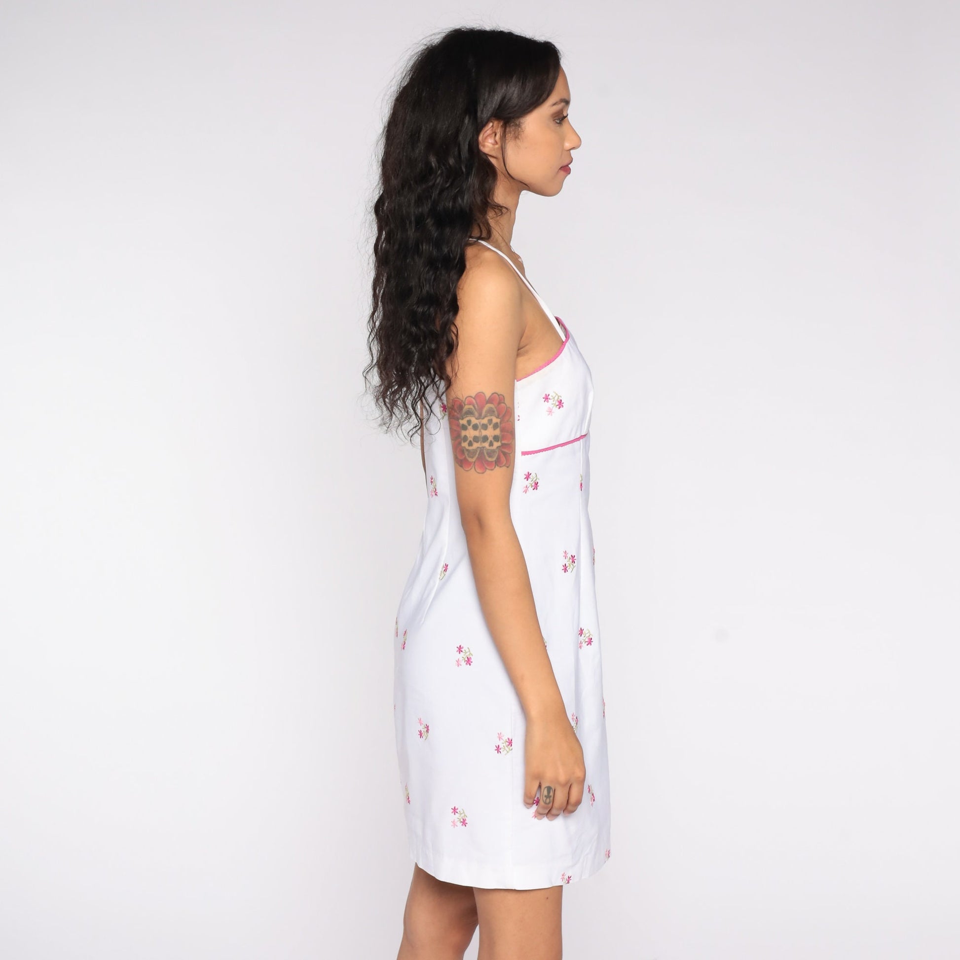 00s White Floral Embroidered Mini Dress Spaghetti Strap Shift Medium M