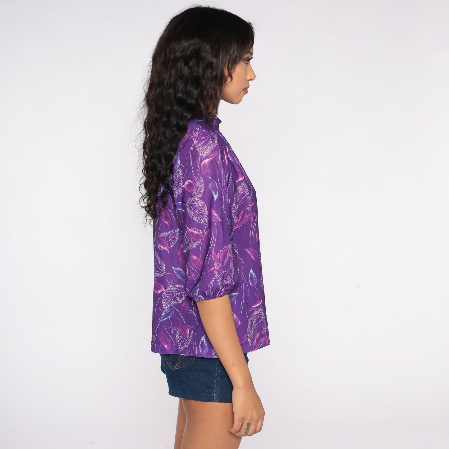 70s Purple Leaf Print Button-Up Blouse Mandarin Collar 3/4 Sleeve Small