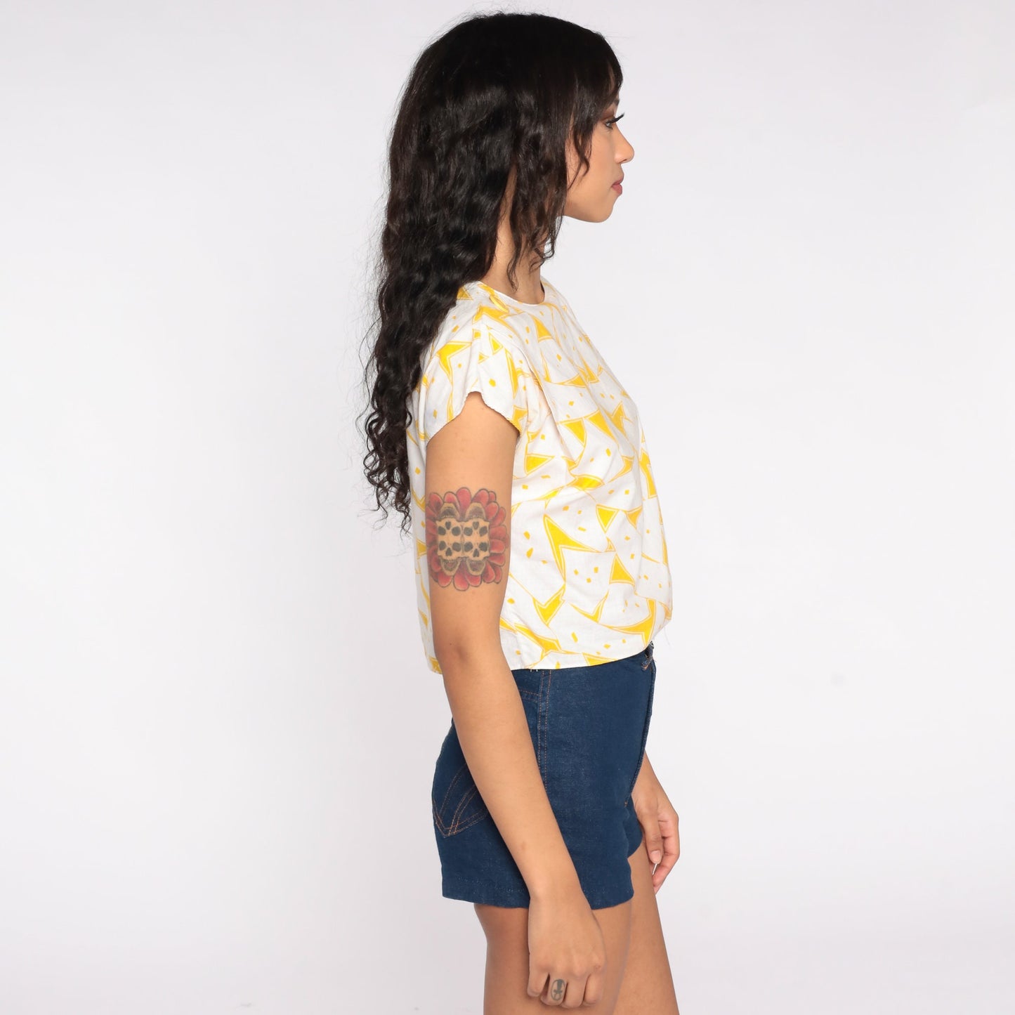 80s Geometric Crop Top White Yellow Abstract Print Cap Sleeve Small
