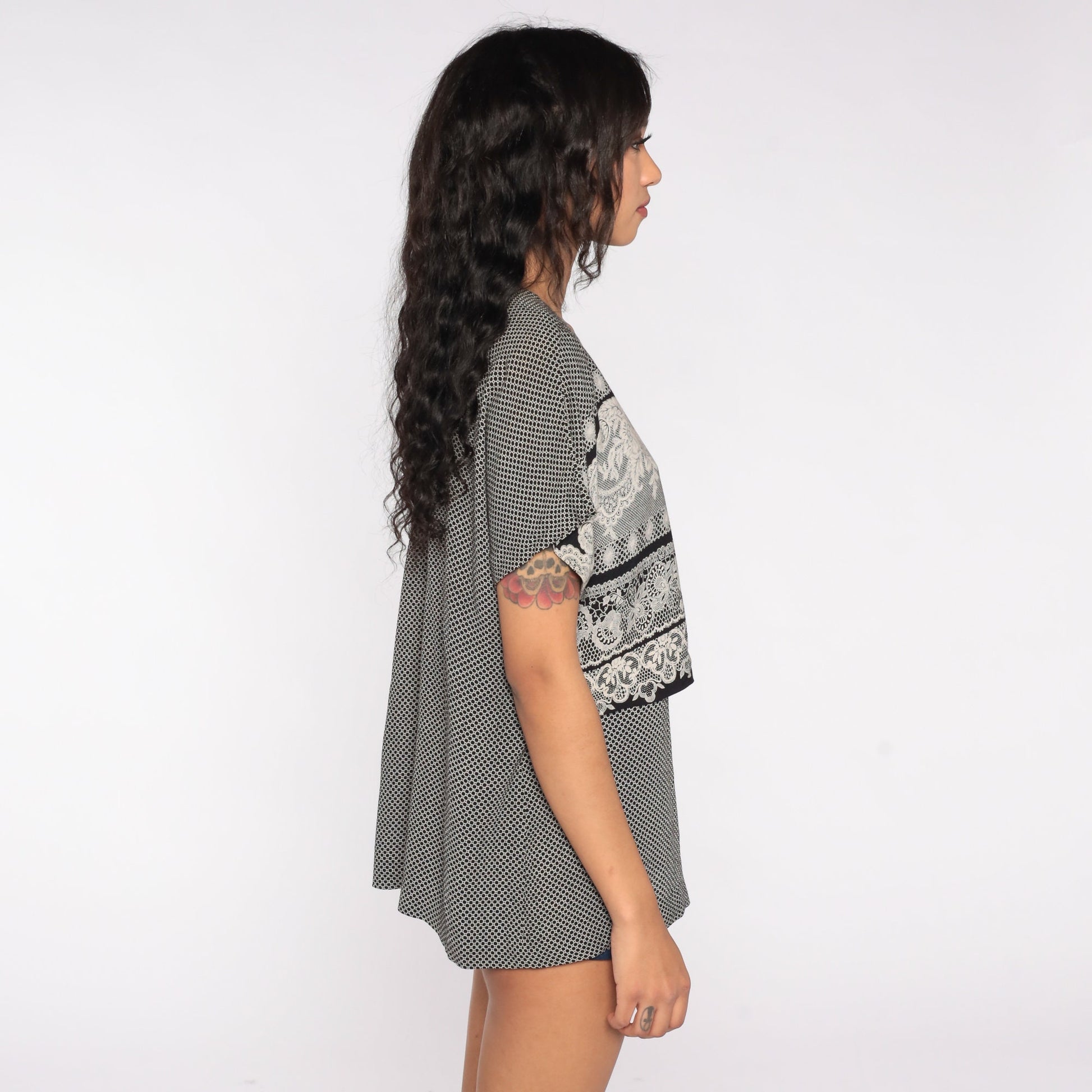 90s Grey Lace Print Floral Blouse Patterned Shirt Medium